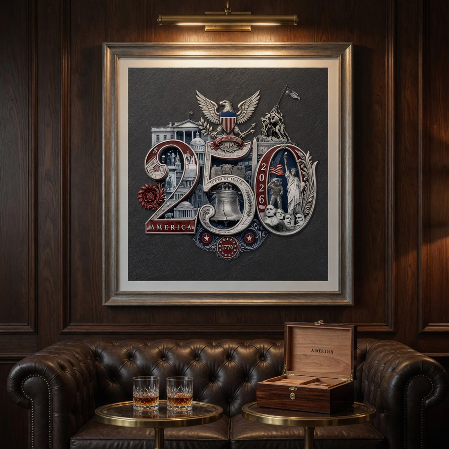 250th Anniversary Patriotic Wall Art | Silver 250th Seal™ Fine Art Print | 38 American Landmarks | Charcoal Archival Matte Poster