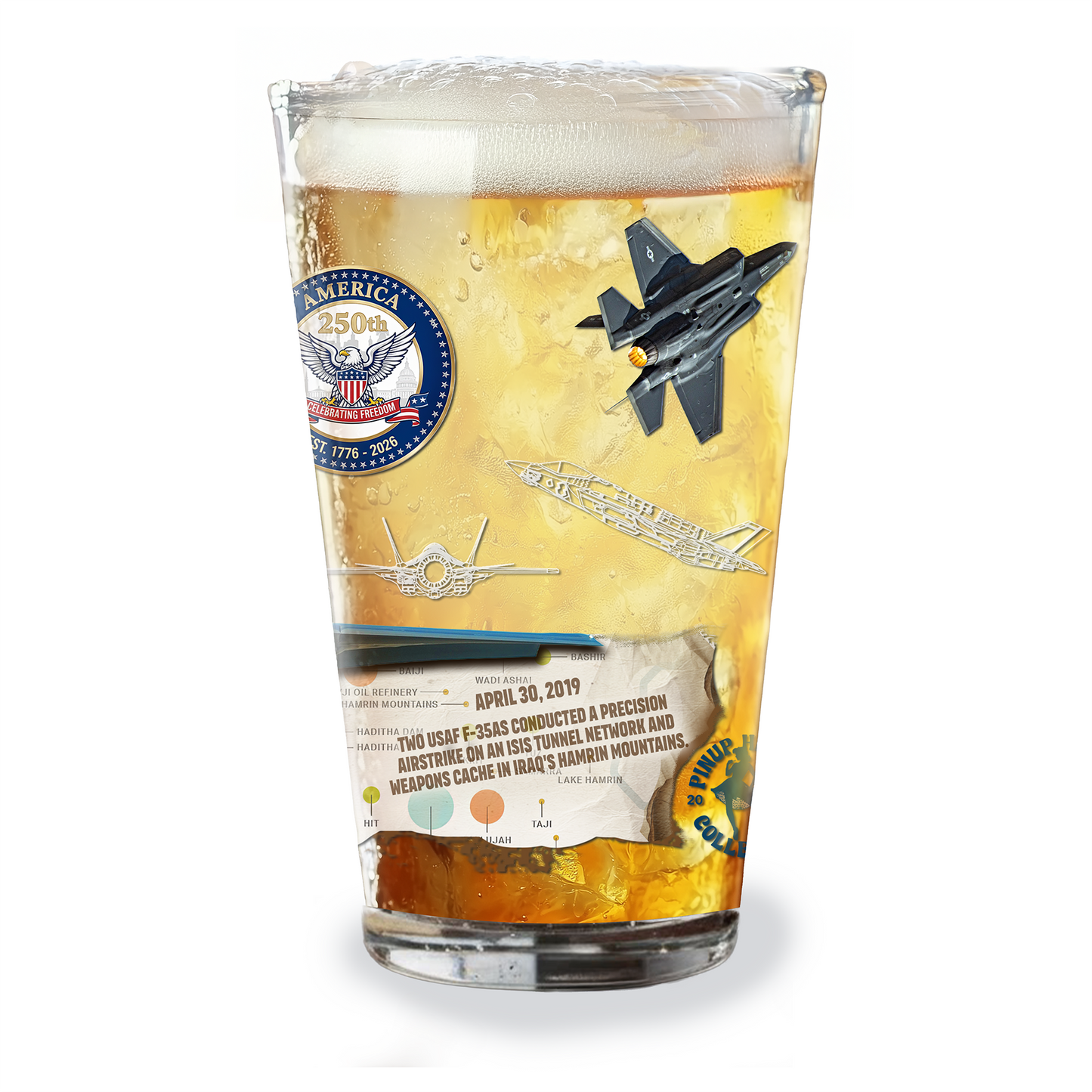 Pin-Up Heaven's America 250th Anniversary Legendary Aircraft 16oz Pint Glass Set - F35, B17, B29, B25, P51, F4U (Set of 6)