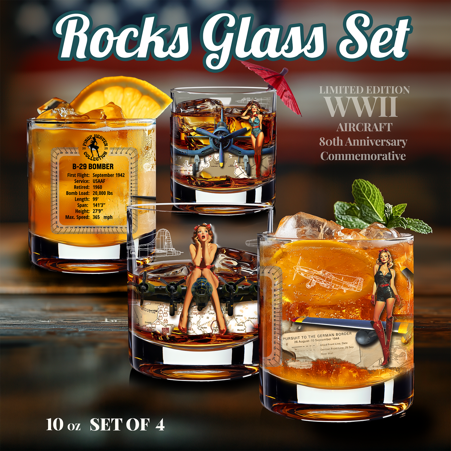 Whiskey Glass Set of 4, Vintage WWII Aviation Gift, Bourbon, Old Fashion, Man Cave, Military Veteran Pilot Retirement Gift for Him 10oz