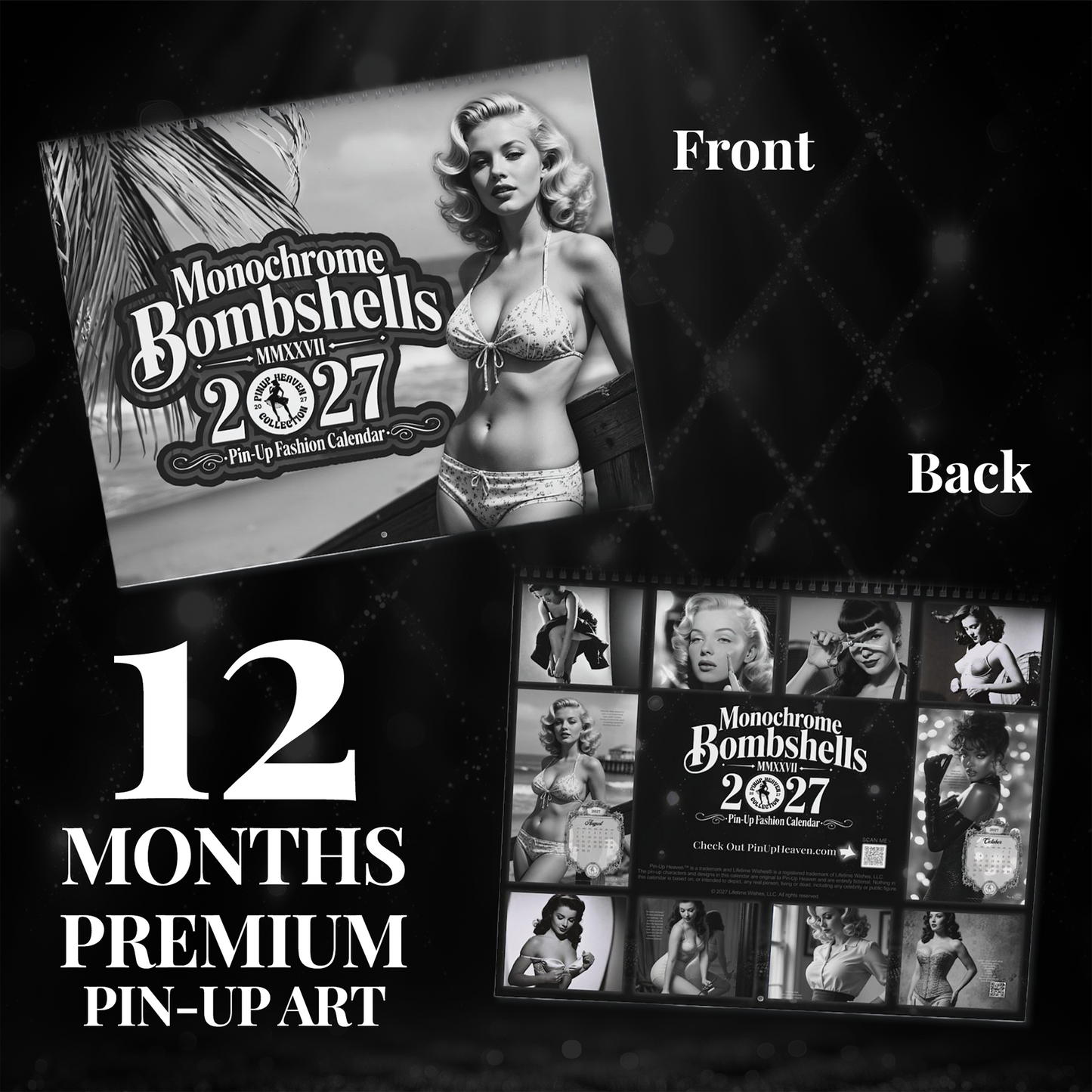 2027 Monochrome Bombshells Pin-Up Fashion Calendar - Vintage Wall Art
