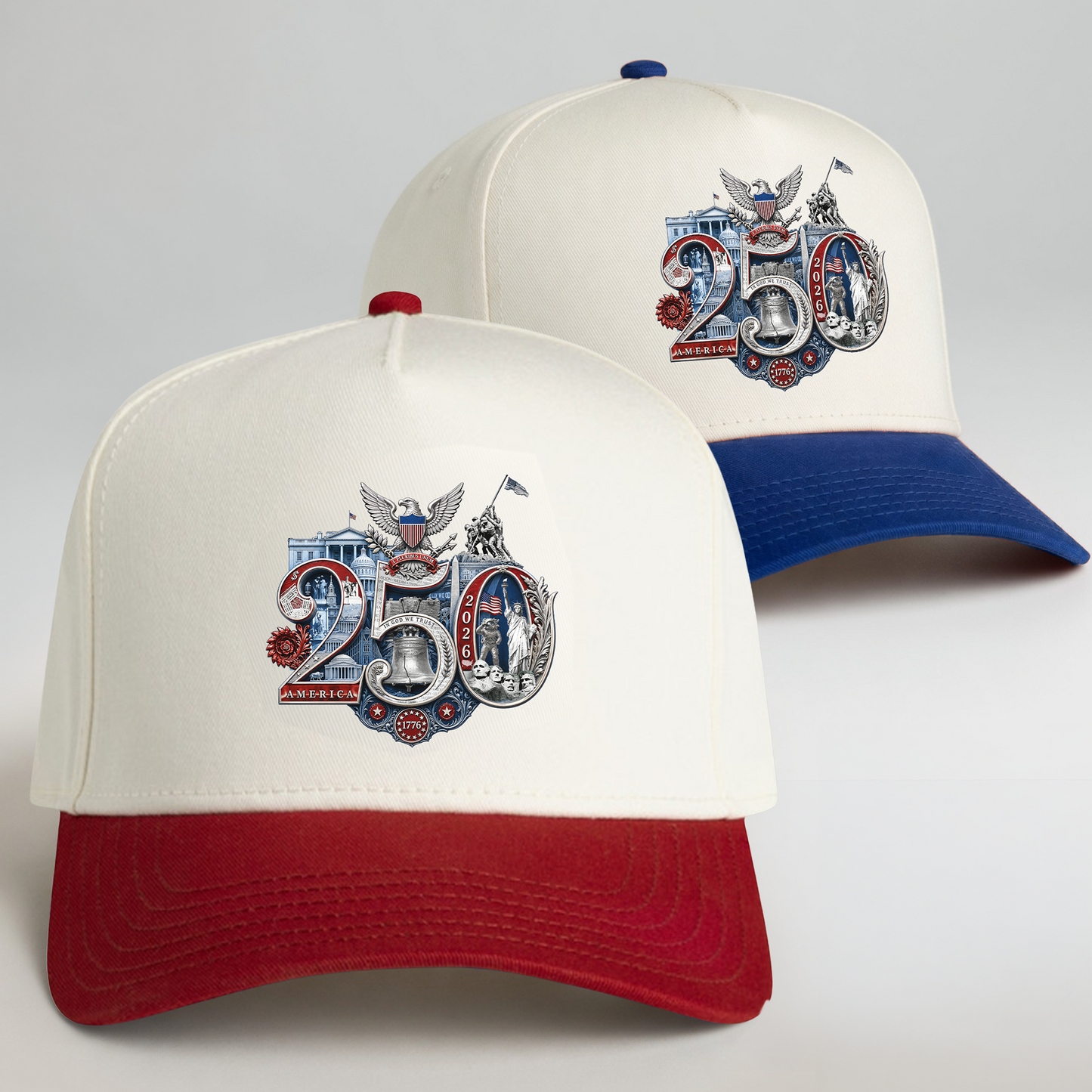America 250th Silver Seal Snapback Hat — Liberty Blue and Cardinal Red side-angle hero view featuring the hand-composed Silver 250th Seal™ design