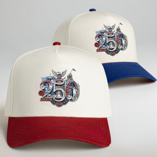 America 250th Silver Seal Snapback Hat — Liberty Blue and Cardinal Red side-angle hero view featuring the hand-composed Silver 250th Seal™ design