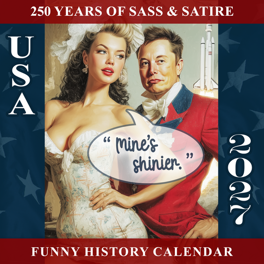 250 Years of Sass & Satire 2027 Wall Calendar cover — Pin-Up Heaven’s 2-panel commemorative pin-up calendar with satirical send-ups of American icons across America's 250th anniversary