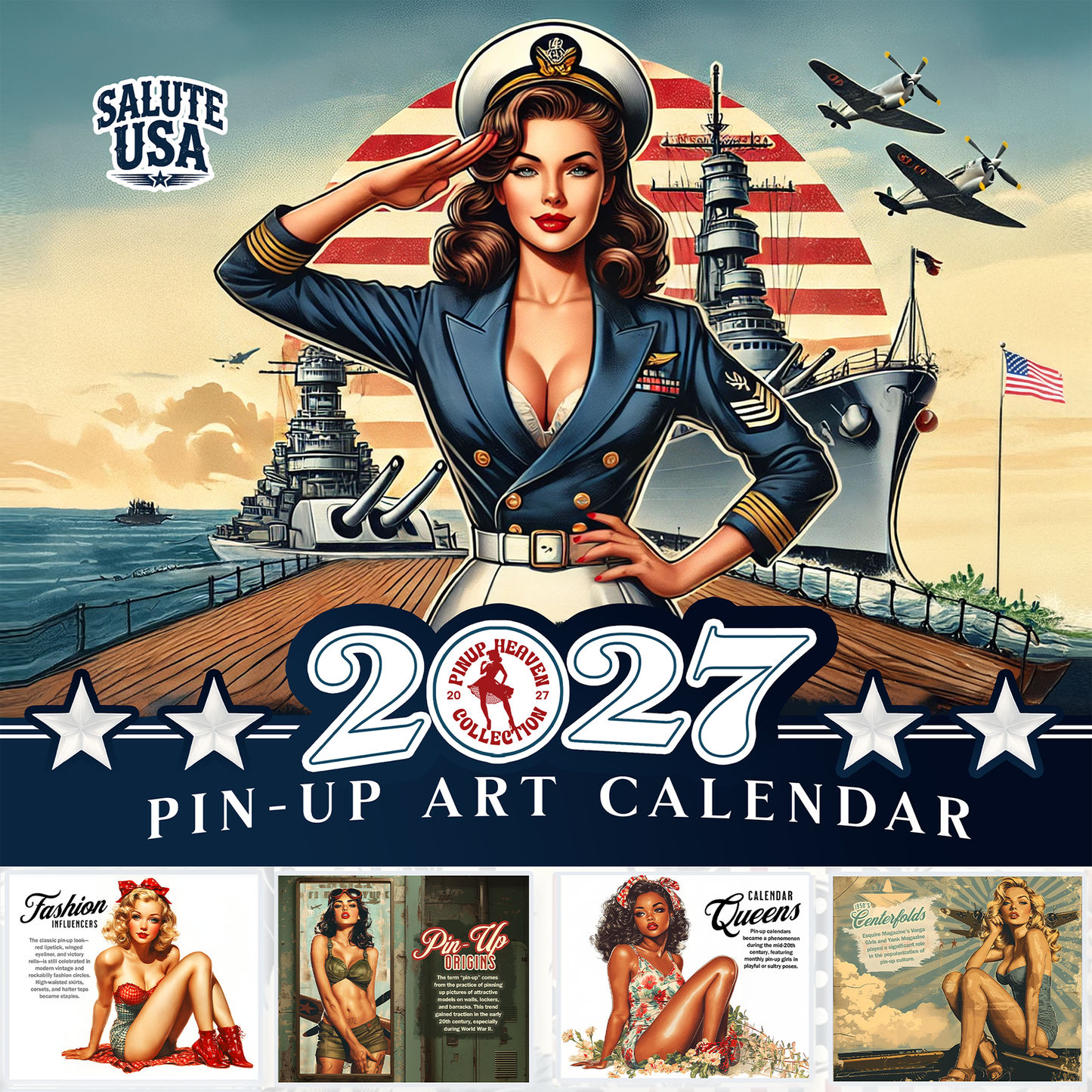 Salute USA 2027 Pin-Up Wall Calendar - Patriotic American Pinup History, Military Aviation Fashion Motorcycle - Image + Writeable Grid