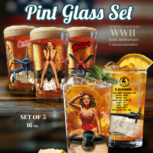 Vintage Pint Glasses Set of 5,  16oz,  WWII Plane Art + Stats + Battle Maps + Blueprints + Pinup Art
