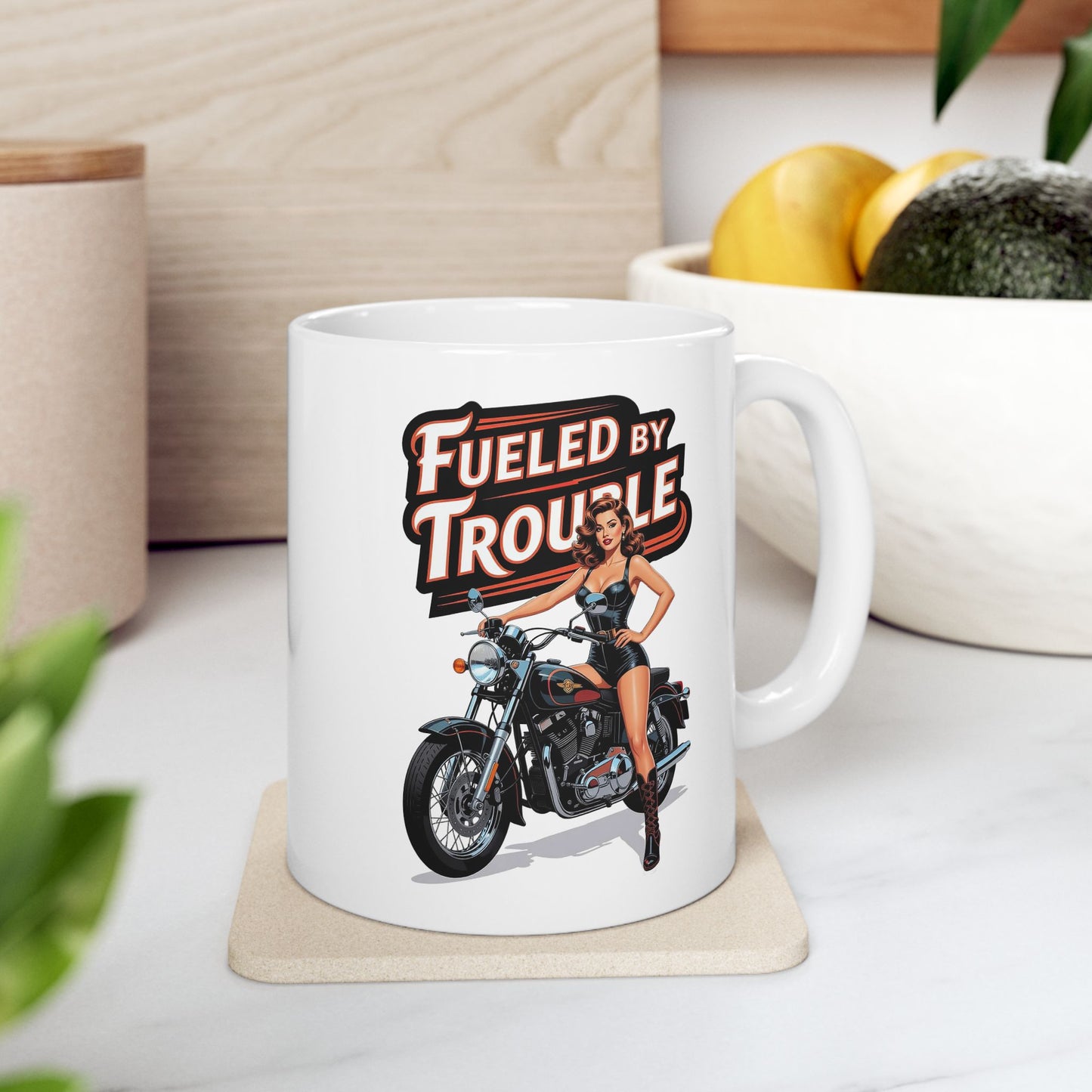 Biker Babe Pinup Ceramic Mug, Fueled By Trouble Motorcycle Gift, Funny Mug, Biker Gift, Motorcycle Lover, Pin-Up Heaven 2026 Limited Edition Collection