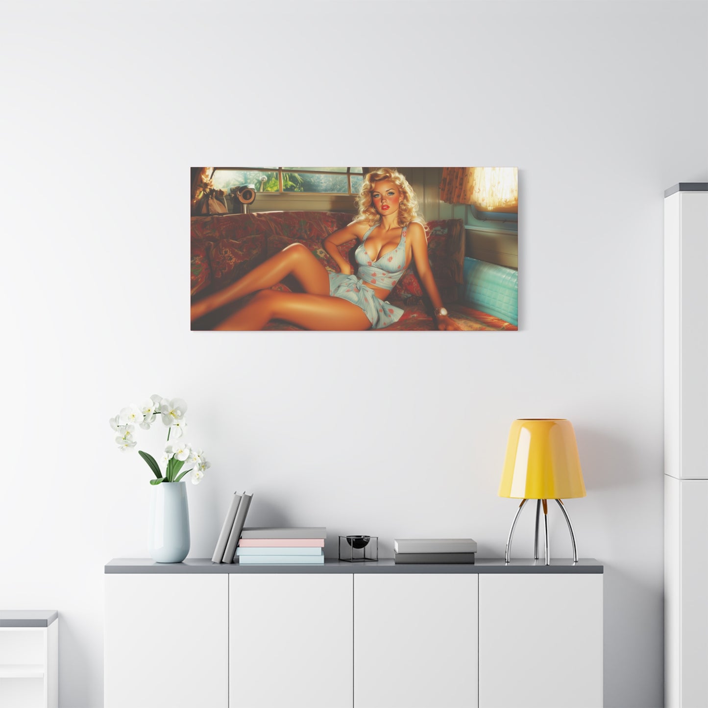 Vintage Pin-Up Canvas Art "Sunset Siren" Retro Glamour Wall Decor, Mid-Century Modern Art , Beach House Decor, Surfer Decor, Man Cave Decor