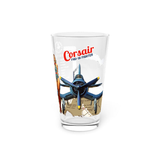 Vintage Beer Pint, F4U-1A Corsair Fighter Plane Stats + Blueprint + Battle Map + PinUp Art, 16oz