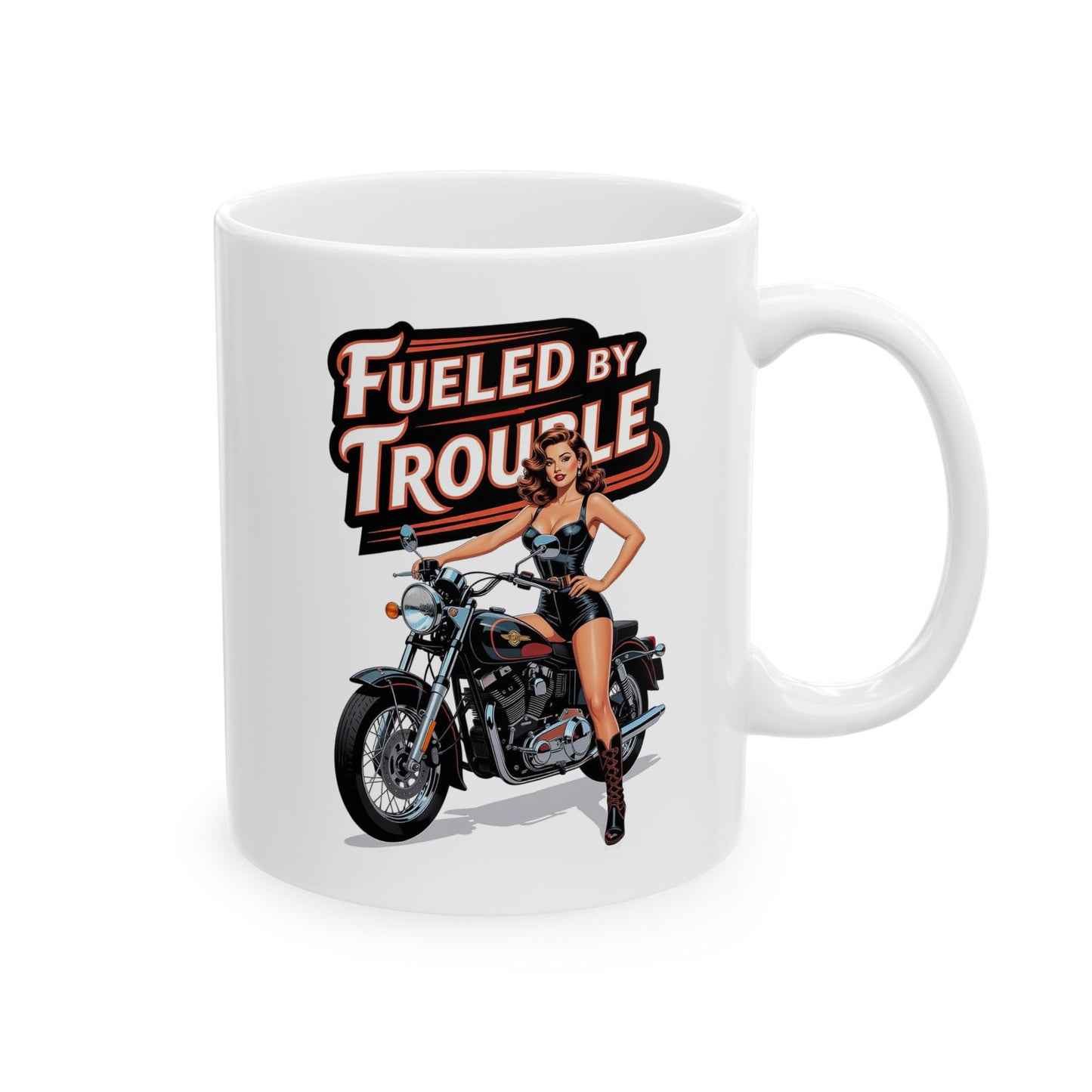 Biker Babe Pinup Ceramic Mug, Fueled By Trouble Motorcycle Gift, Funny Mug, Biker Gift, Motorcycle Lover, Pin-Up Heaven 2026 Limited Edition Collection