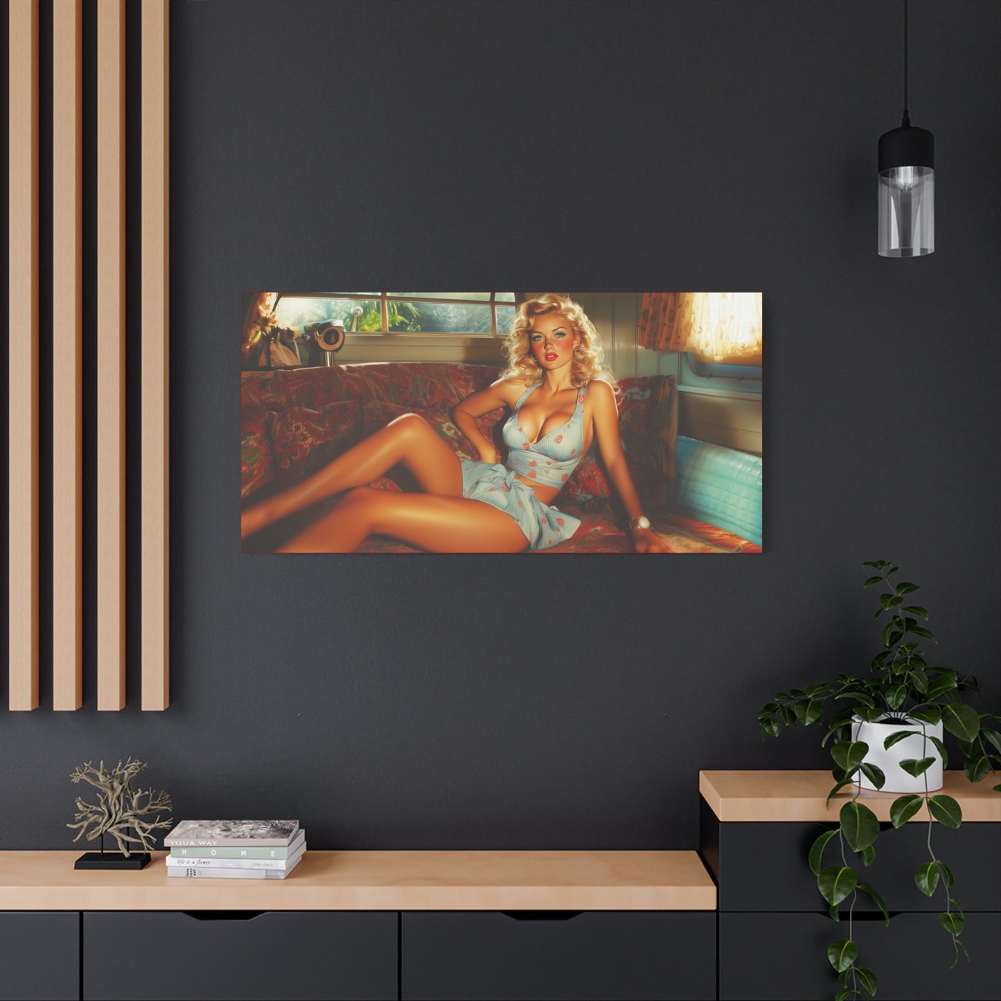 Vintage Pin-Up Canvas Art "Sunset Siren" Retro Glamour Wall Decor, Mid-Century Modern Art , Beach House Decor, Surfer Decor, Man Cave Decor