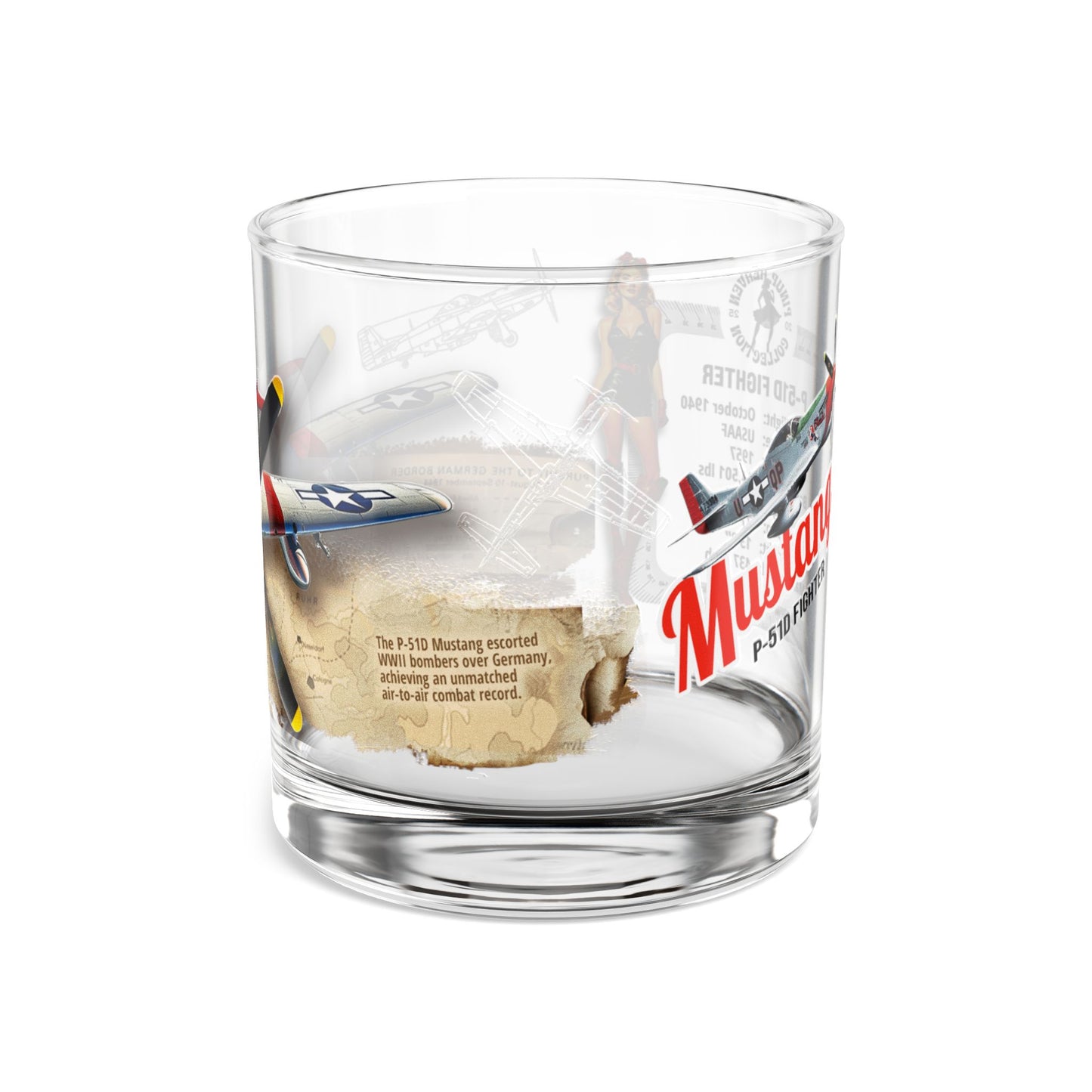 Whiskey Rocks Glass, Vintage WWII P-51 Aviation Gift,  Bourbon Scotch Old Fashion, Man Cave, Military Veteran Pilot Retirement Gift for Him 10oz