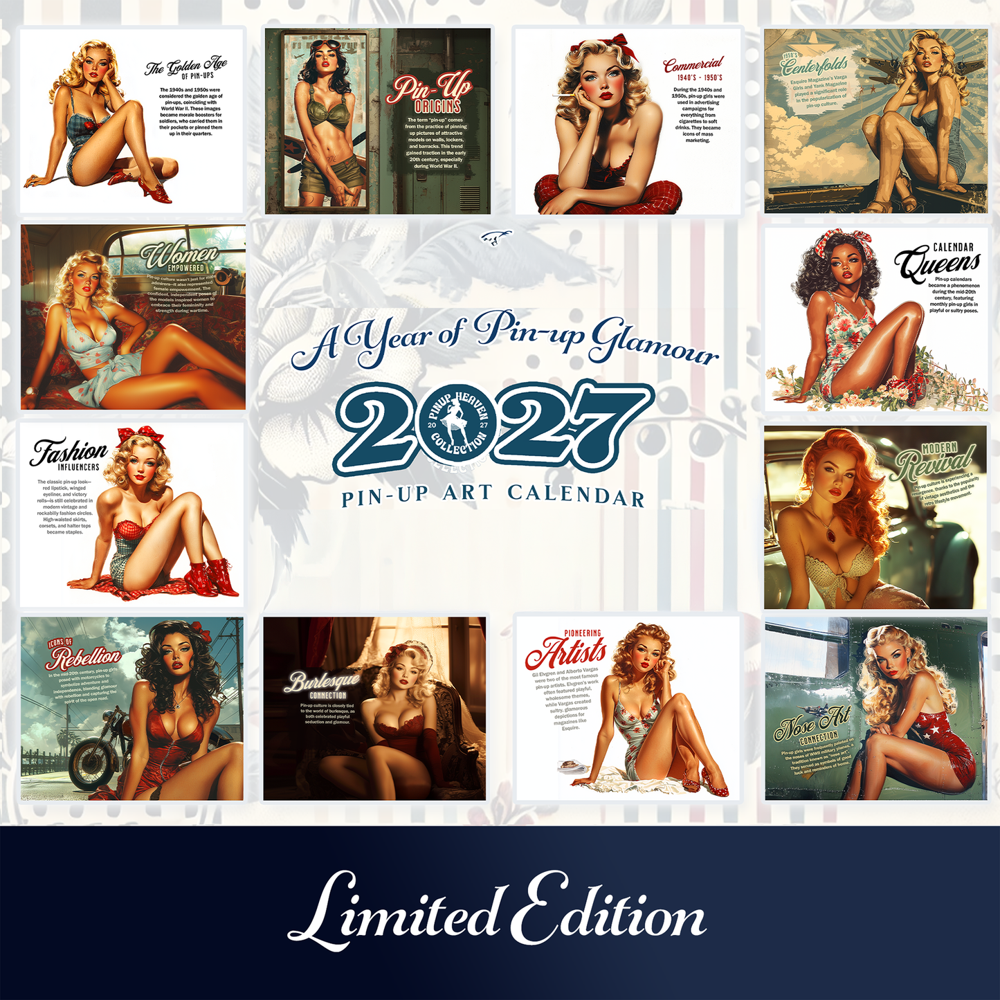 Salute USA 2027 Pin-Up Wall Calendar - Patriotic American Pinup History, Military Aviation Fashion Motorcycle - Image + Writeable Grid