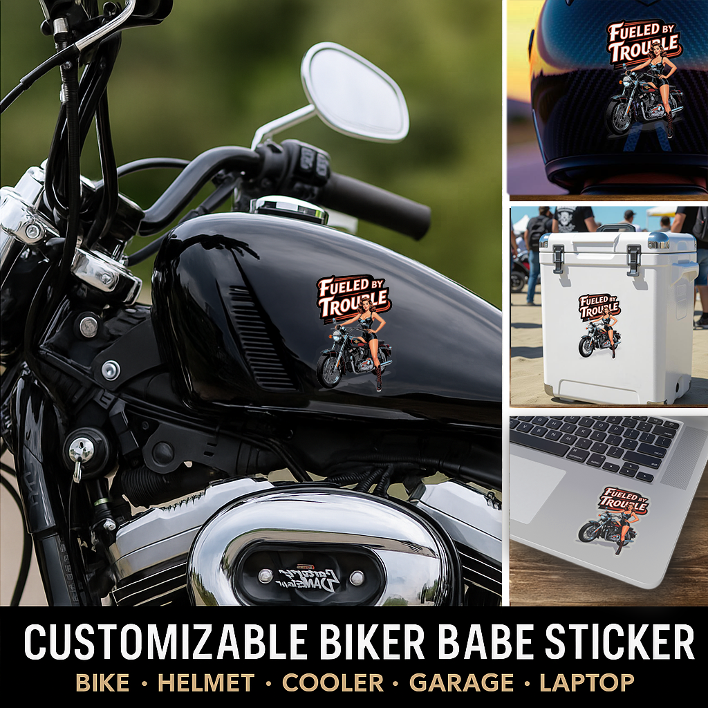 Fueled By Trouble - Biker Babe Pin-Up Heaven Sticker