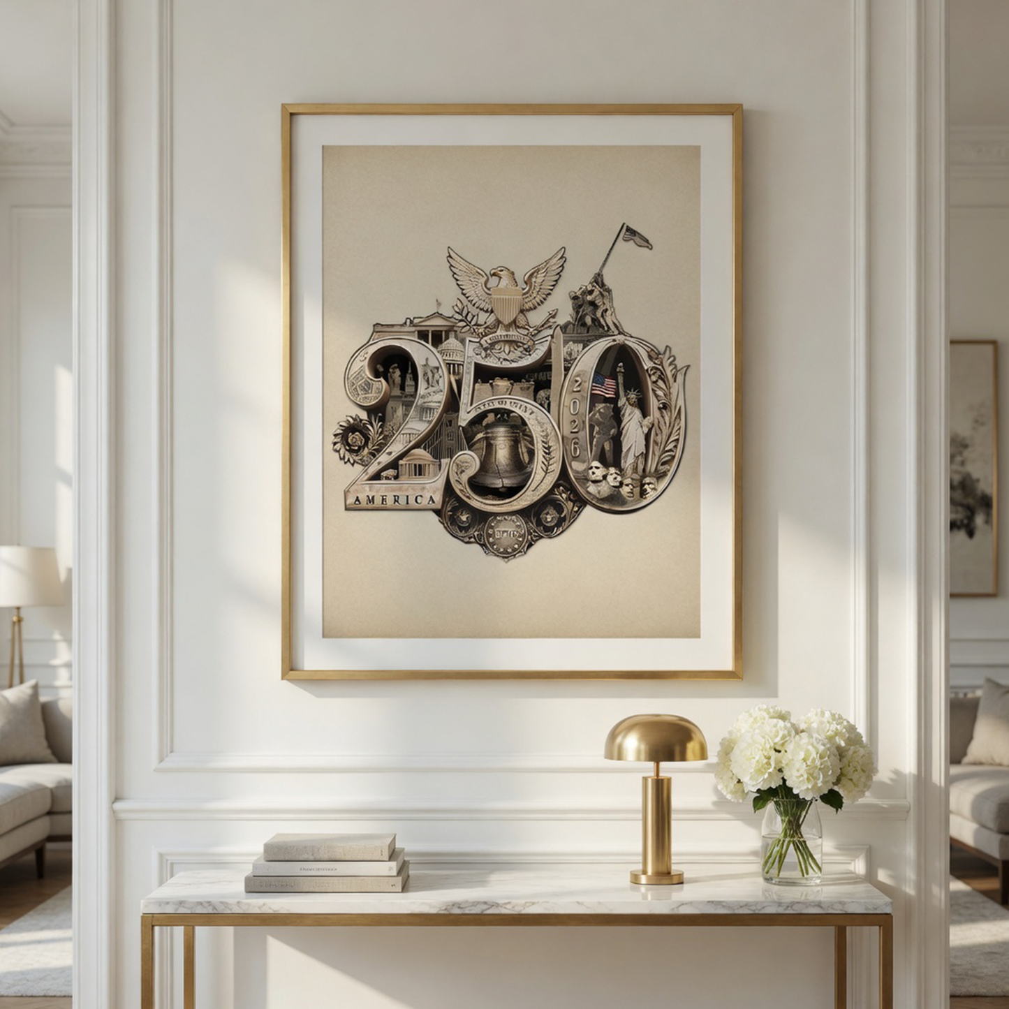 250th Anniversary of America Commemorative Poster – Fine Art Print, 35+ Hidden Landmarks, Gold Seal on Ivory