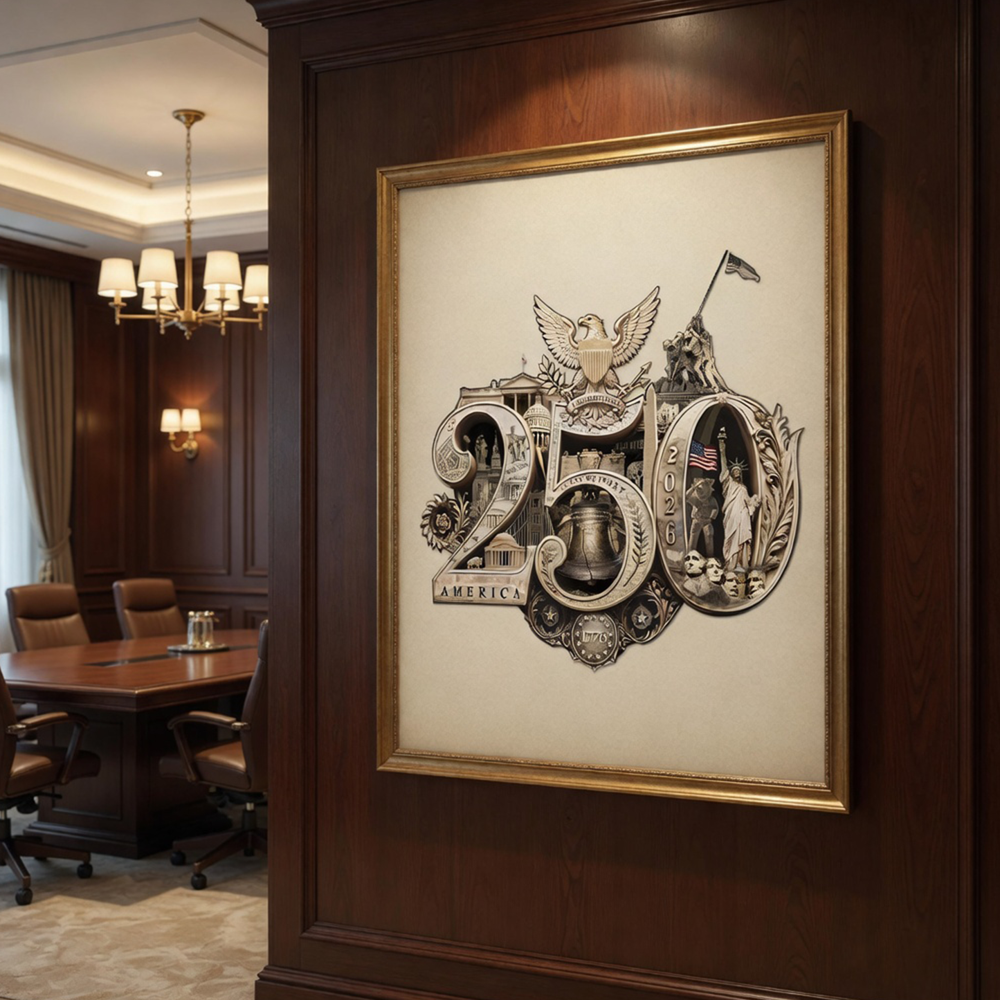 250th Anniversary of America Commemorative Poster – Fine Art Print, 35+ Hidden Landmarks, Gold Seal on Ivory