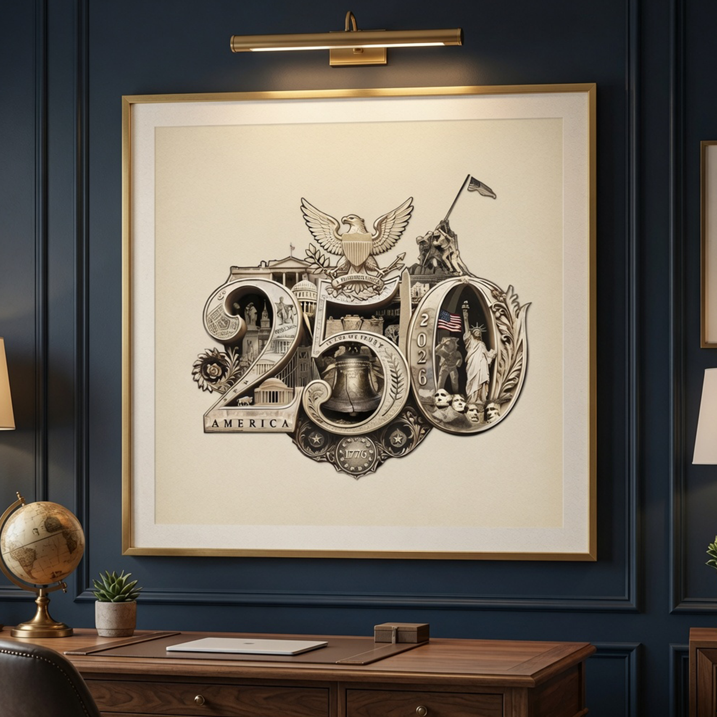 250th Anniversary of America Commemorative Poster – Fine Art Print, 35+ Hidden Landmarks, Gold Seal on Ivory
