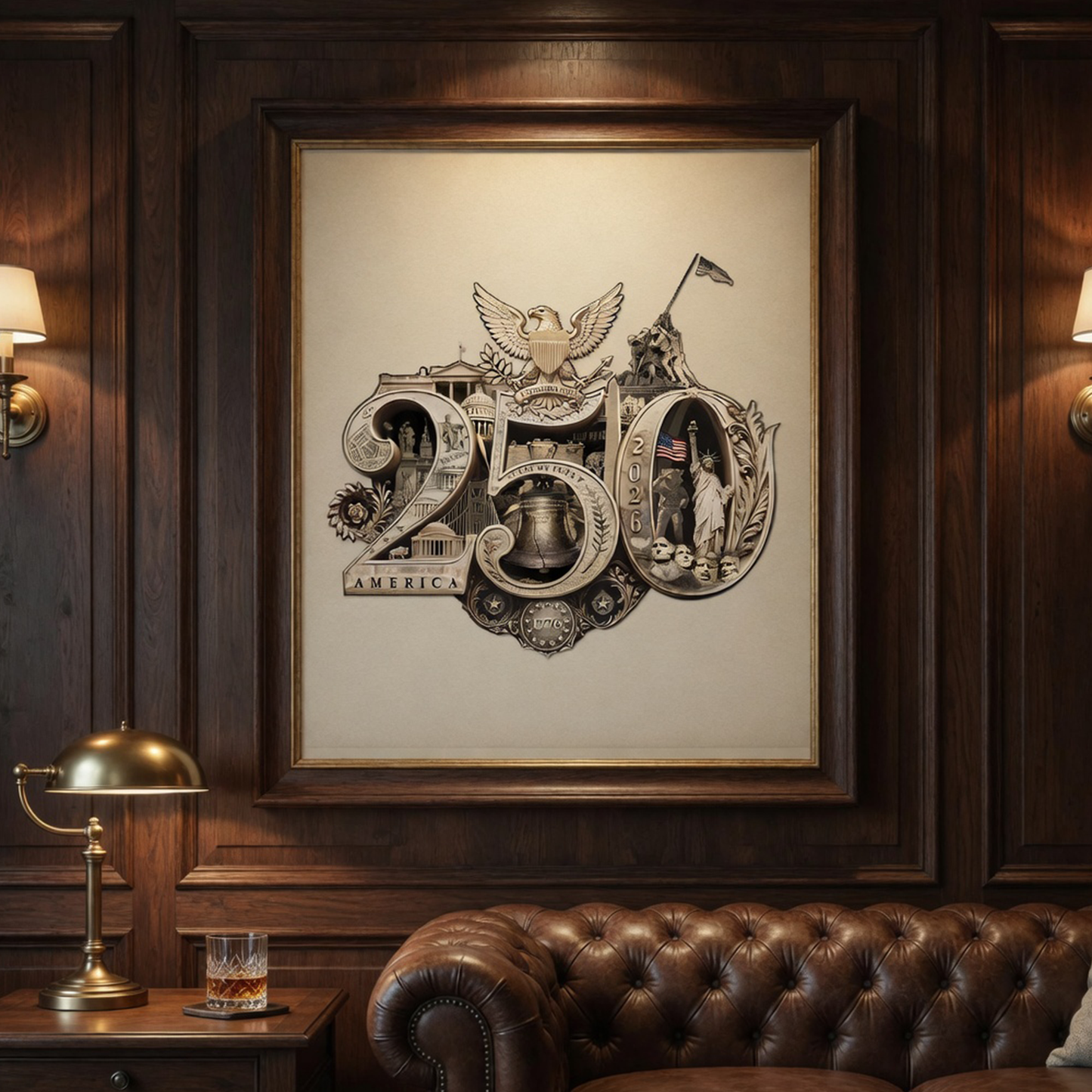 250th Anniversary of America Commemorative Poster – Fine Art Print, 35+ Hidden Landmarks, Gold Seal on Ivory