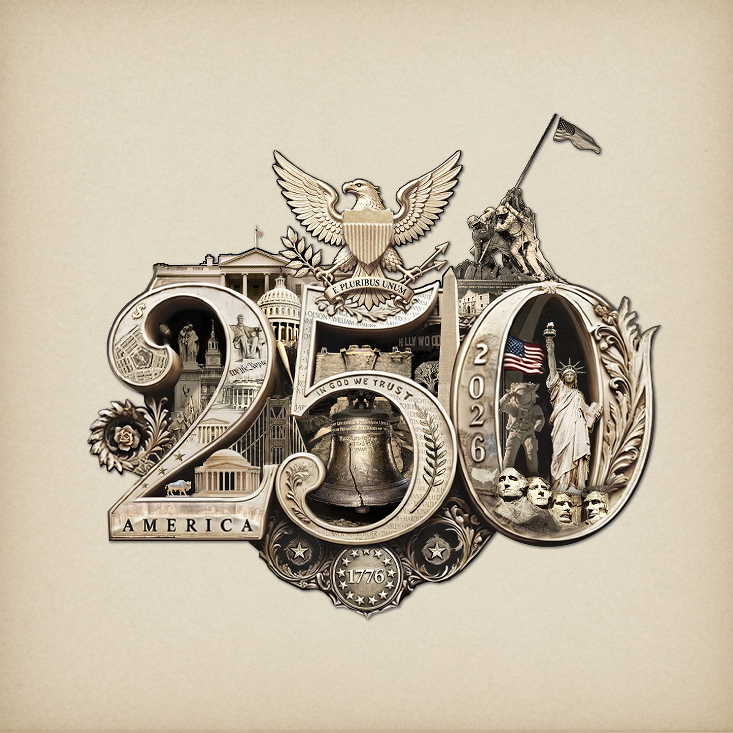 250th Anniversary of America Commemorative Poster – Fine Art Print, 35+ Hidden Landmarks, Gold Seal on Ivory