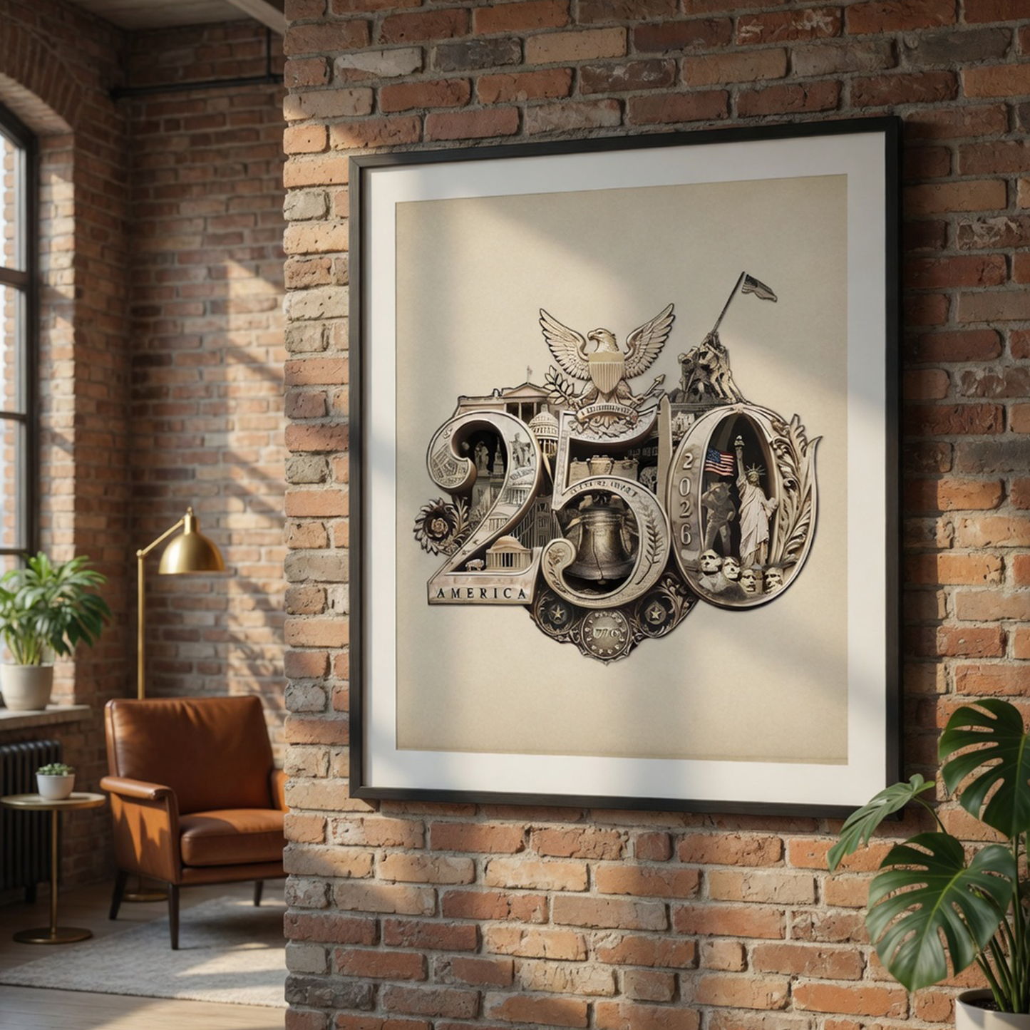 250th Anniversary of America Commemorative Poster – Fine Art Print, 35+ Hidden Landmarks, Gold Seal on Ivory