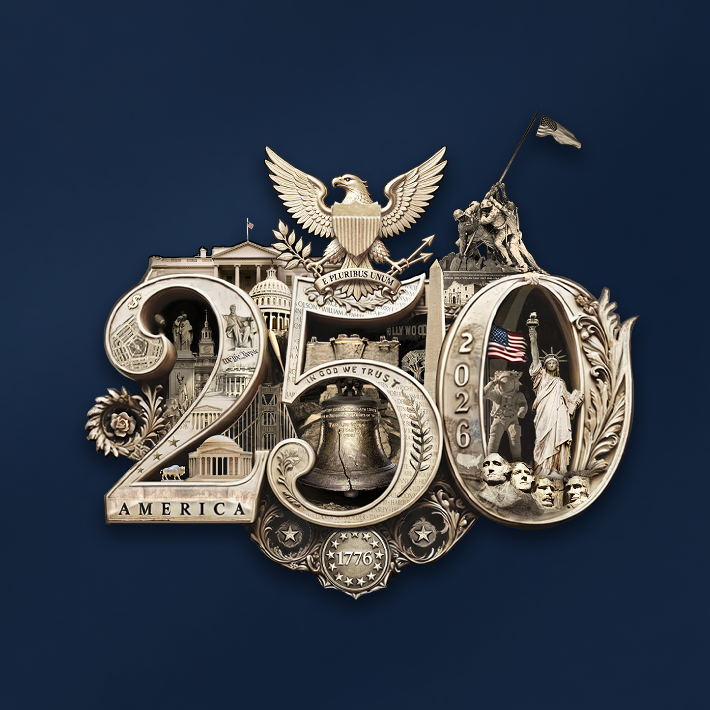 America's 250th Anniversary Gold Seal™ Fine Art Print | Patriotic Americana Wall Art from Real Photos | Historical Poster, Gold/Navy