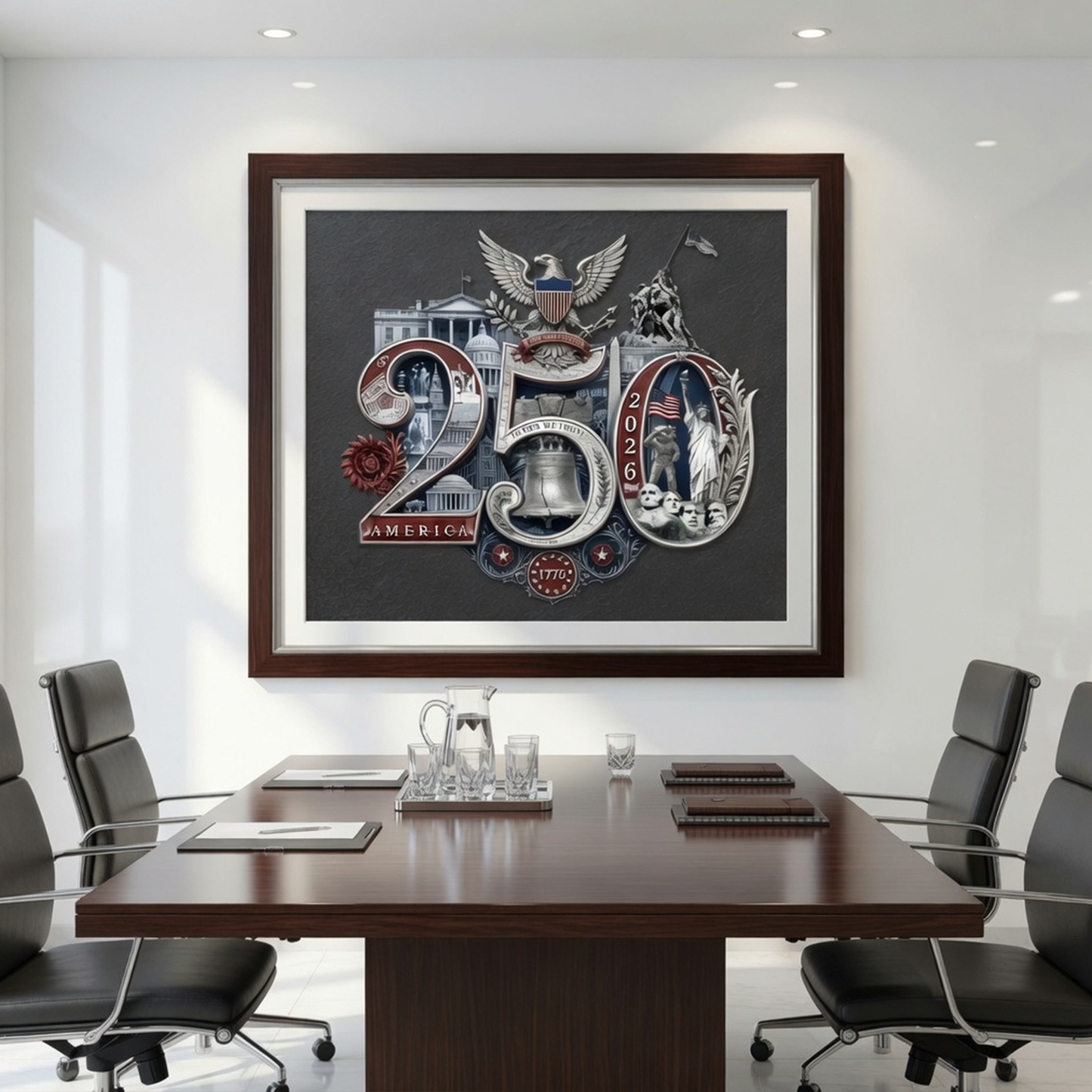 250th Anniversary Patriotic Wall Art | Silver 250th Seal™ Fine Art Print | 38 American Landmarks | Charcoal Archival Matte Poster