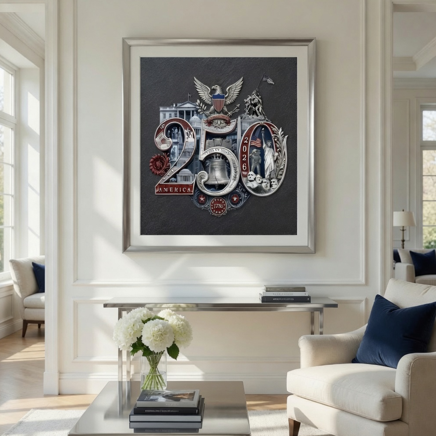 250th Anniversary Patriotic Wall Art | Silver 250th Seal™ Fine Art Print | 38 American Landmarks | Charcoal Archival Matte Poster