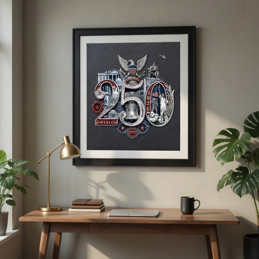 250th Anniversary Patriotic Wall Art | Silver 250th Seal™ Fine Art Print | 38 American Landmarks | Charcoal Archival Matte Poster