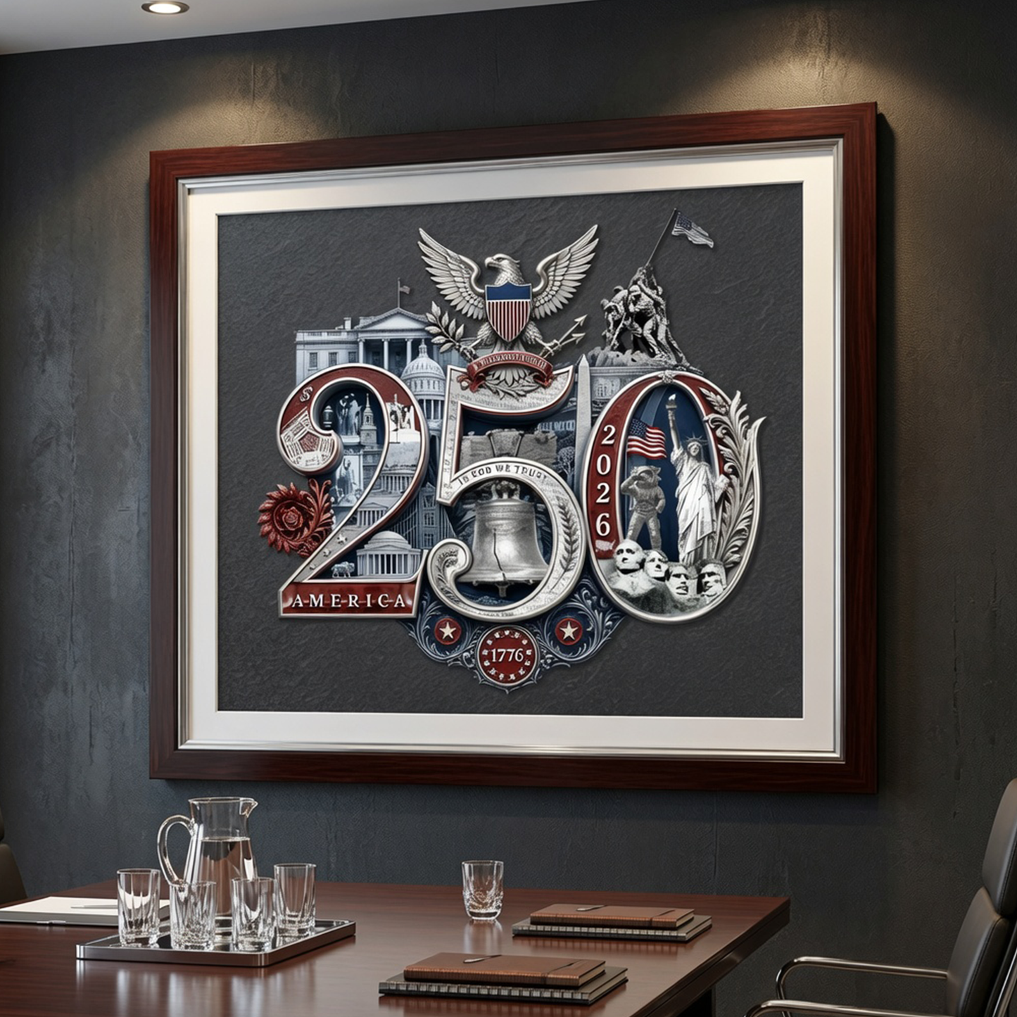250th Anniversary Patriotic Wall Art | Silver 250th Seal™ Fine Art Print | 38 American Landmarks | Charcoal Archival Matte Poster