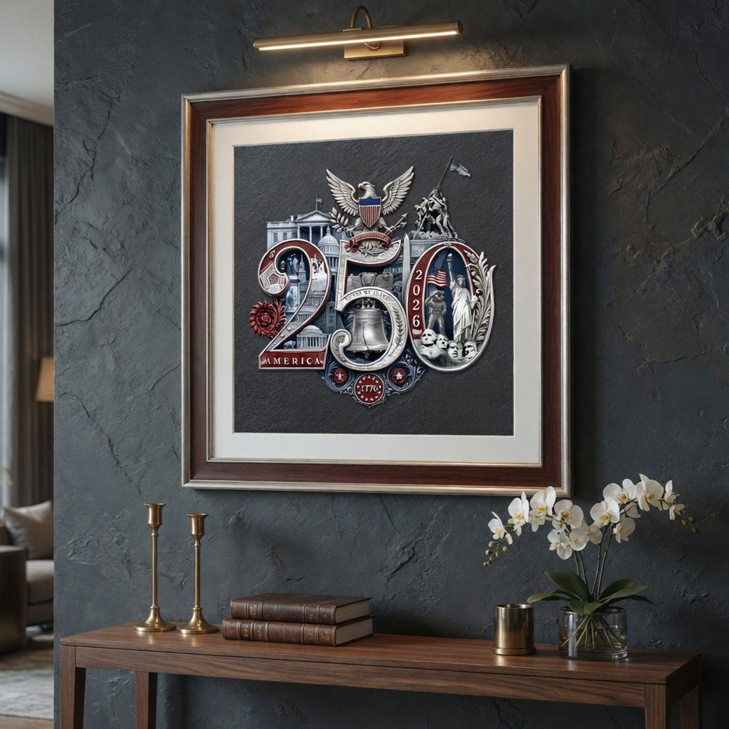 250th Anniversary Patriotic Wall Art | Silver 250th Seal™ Fine Art Print | 38 American Landmarks | Charcoal Archival Matte Poster