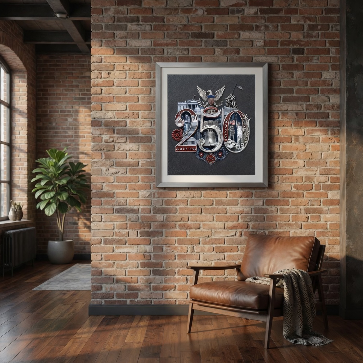 250th Anniversary Patriotic Wall Art | Silver 250th Seal™ Fine Art Print | 38 American Landmarks | Charcoal Archival Matte Poster