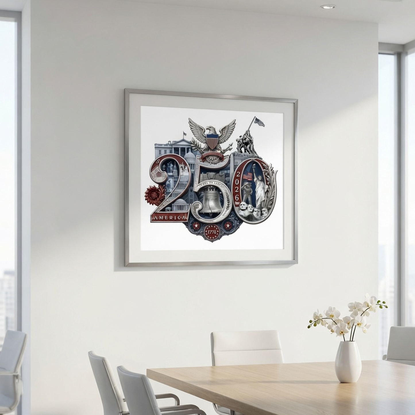 America 250th Anniversary Commemorative Fine Art Print | Patriotic Wall Decor Livingroom Office Mancave Poster, Silver/White