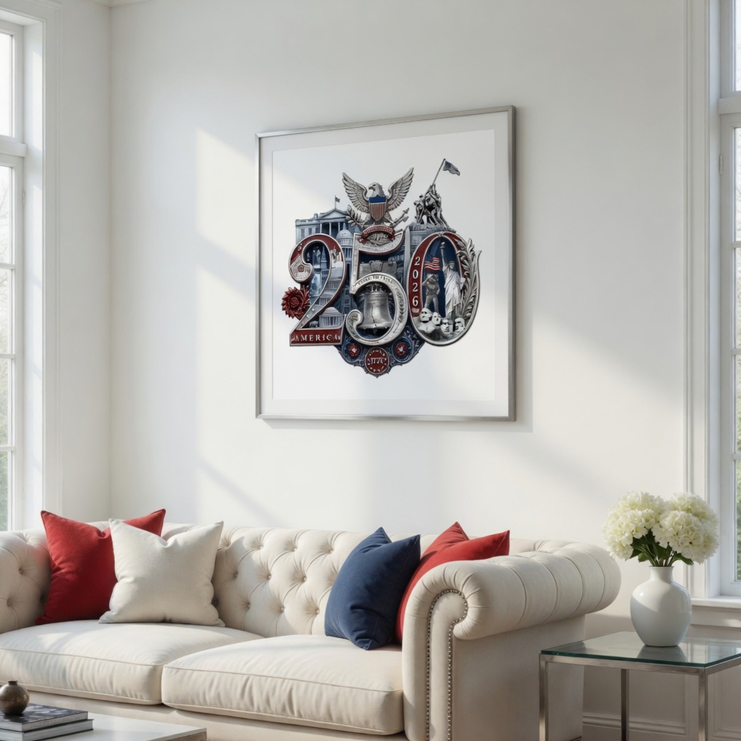 America 250th Anniversary Commemorative Fine Art Print | Patriotic Wall Decor Livingroom Office Mancave Poster, Silver/White