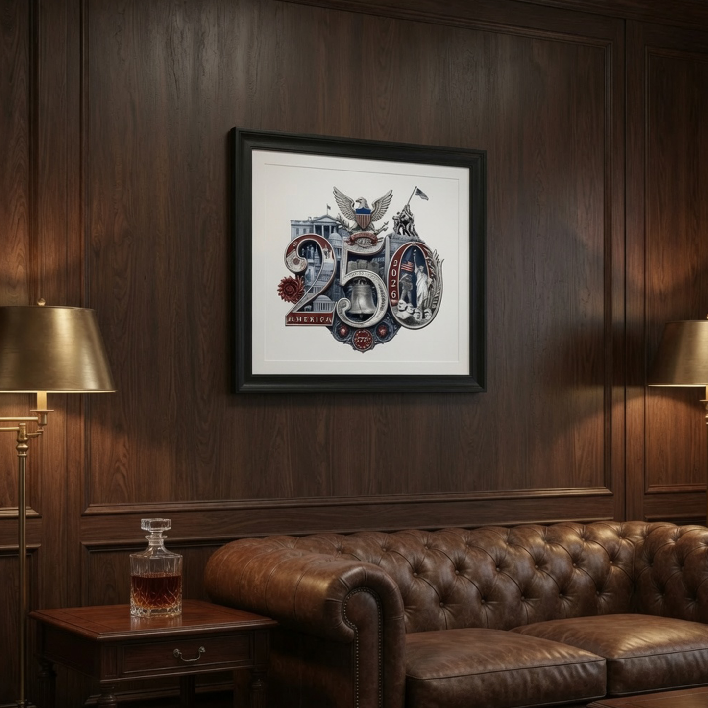America 250th Anniversary Commemorative Fine Art Print | Patriotic Wall Decor Livingroom Office Mancave Poster, Silver/White