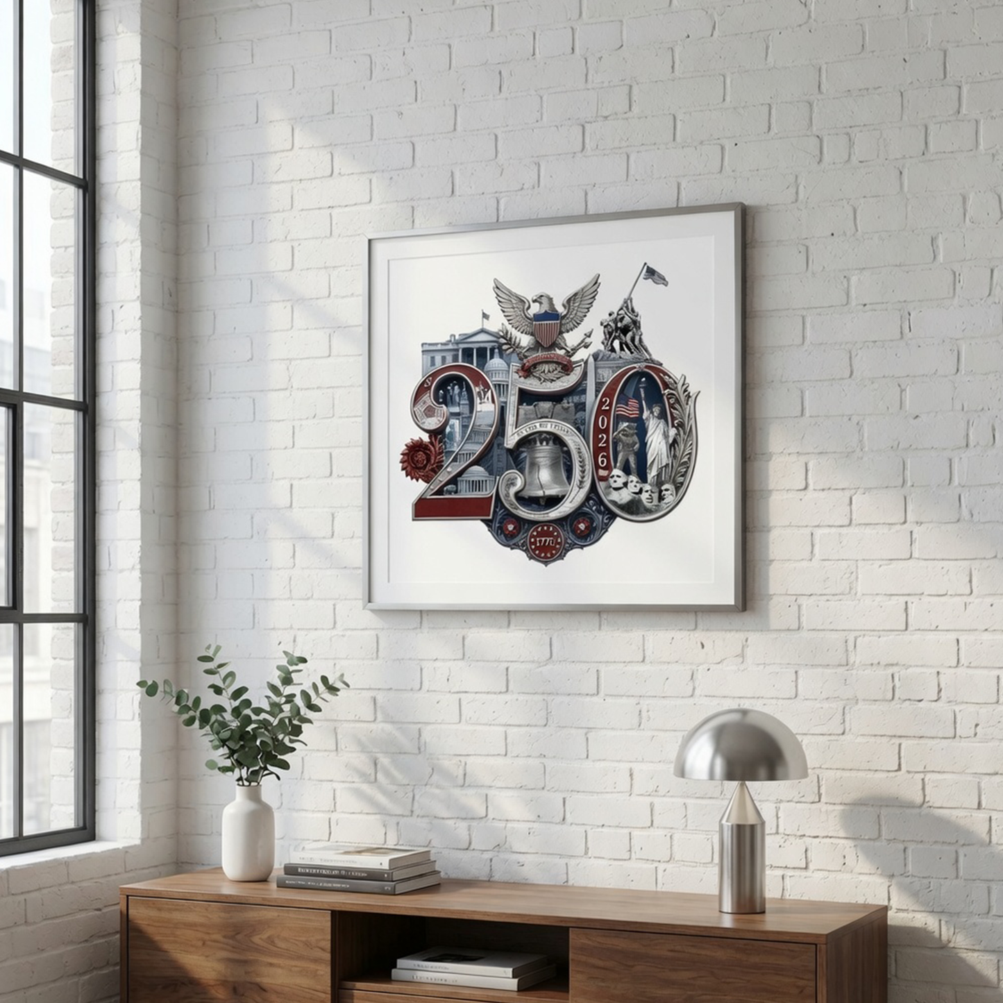 America 250th Anniversary Commemorative Fine Art Print | Patriotic Wall Decor Livingroom Office Mancave Poster, Silver/White