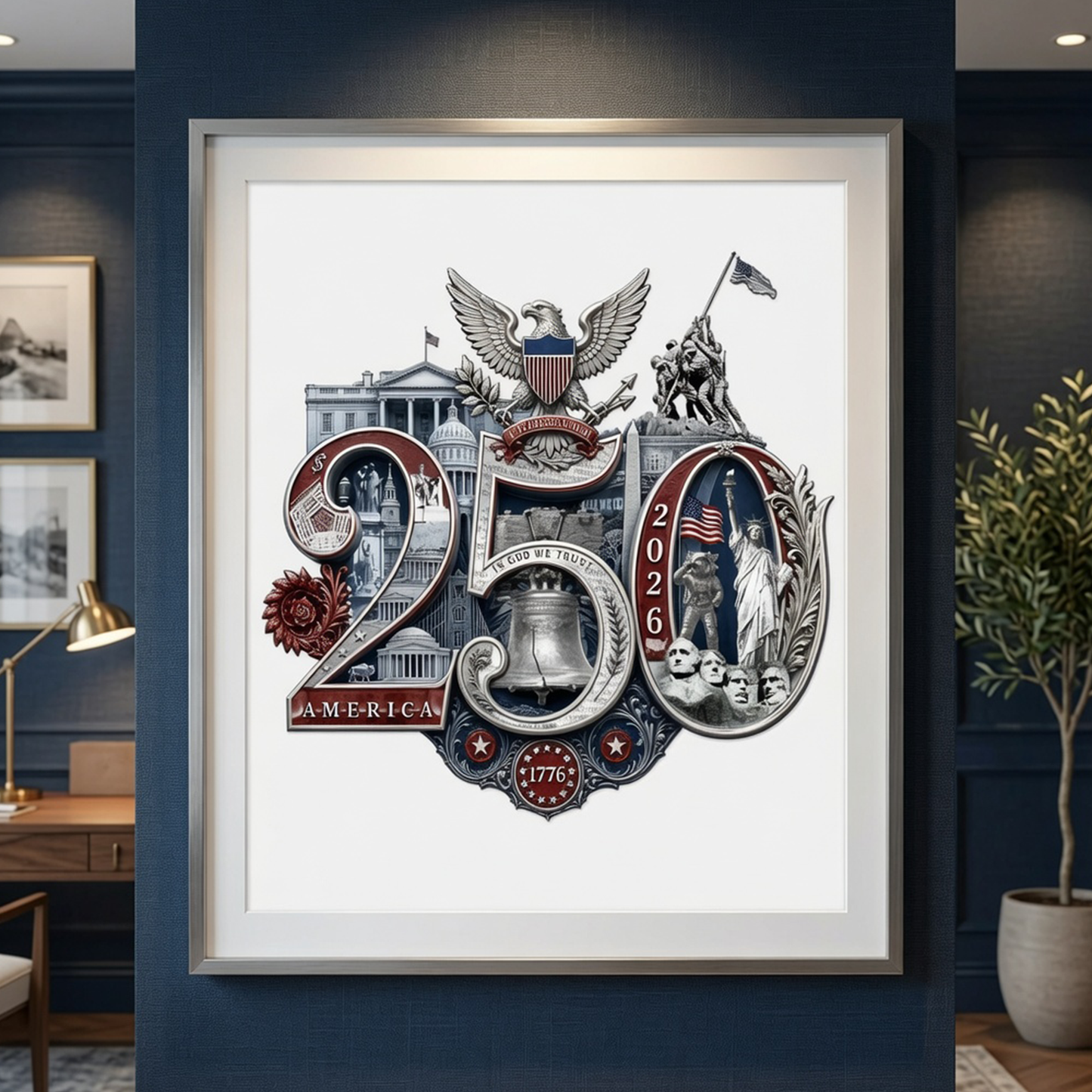 America 250th Anniversary Commemorative Fine Art Print | Patriotic Wall Decor Livingroom Office Mancave Poster, Silver/White