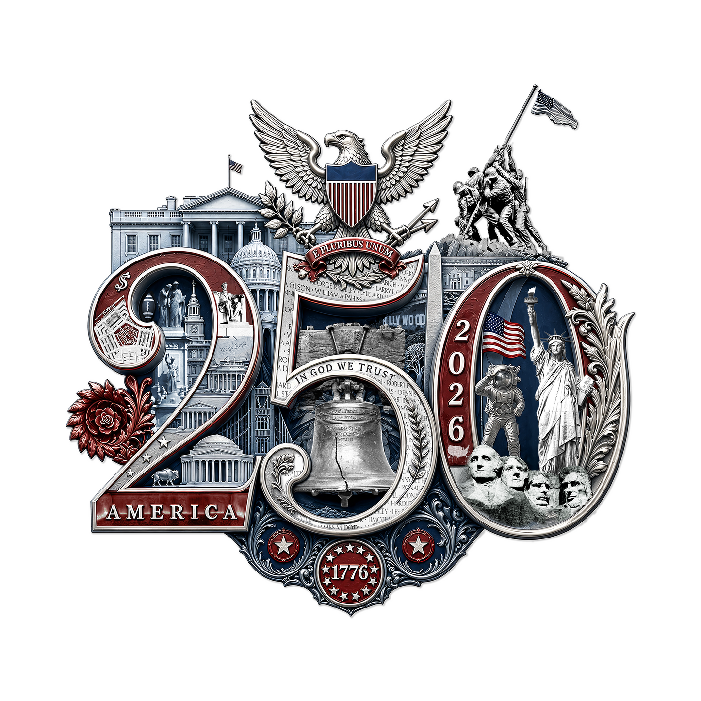 America 250th Anniversary Commemorative Fine Art Print | Patriotic Wall Decor Livingroom Office Mancave Poster, Silver/White