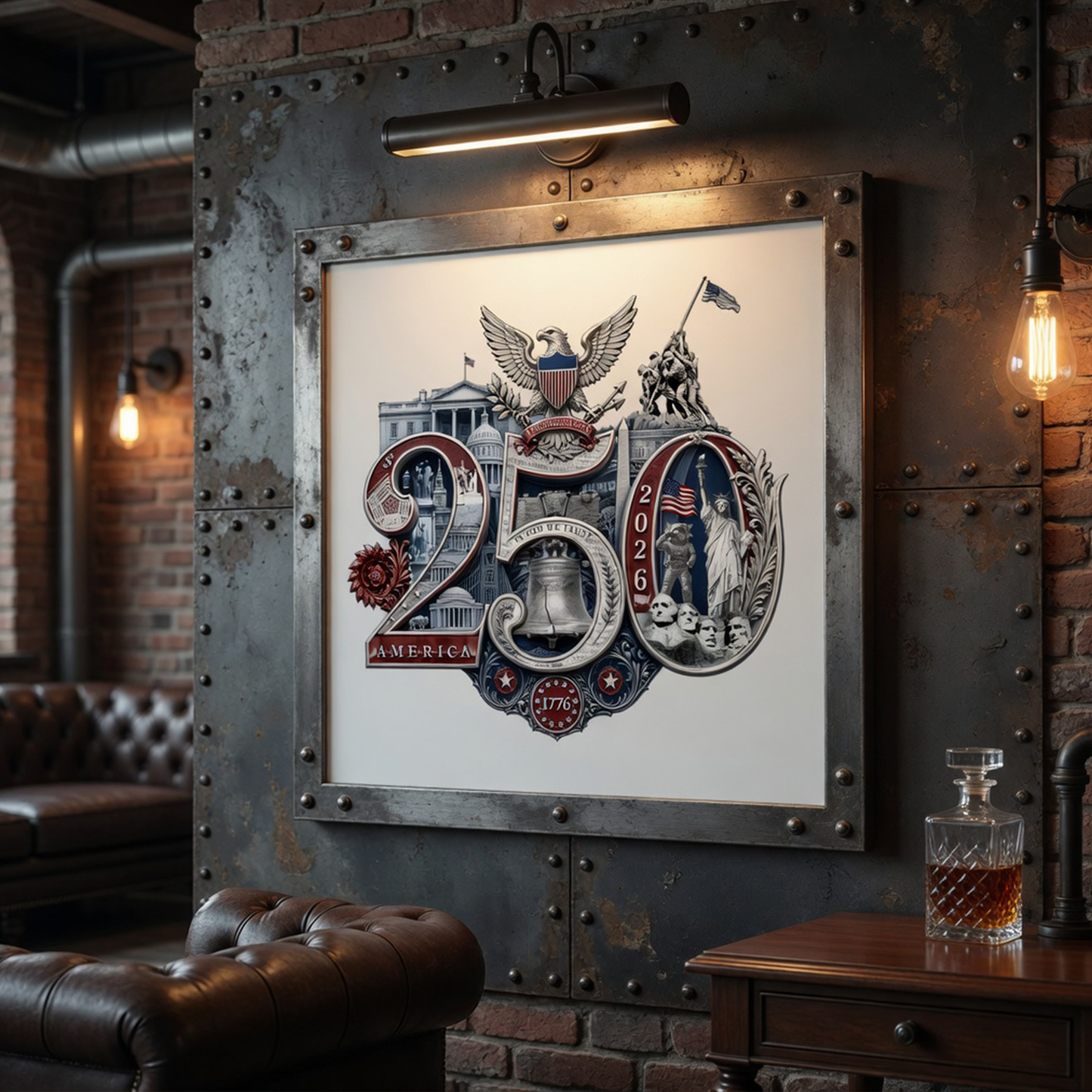 America 250th Anniversary Commemorative Fine Art Print | Patriotic Wall Decor Livingroom Office Mancave Poster, Silver/White