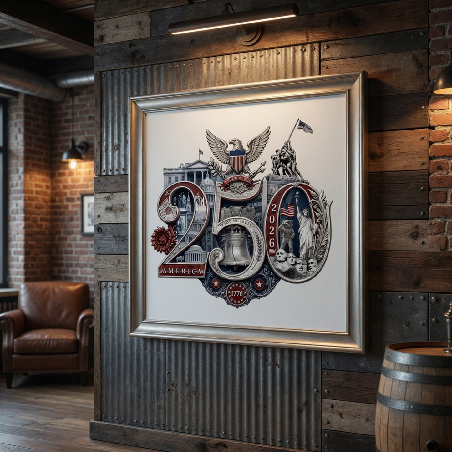 America 250th Anniversary Commemorative Fine Art Print | Patriotic Wall Decor Livingroom Office Mancave Poster, Silver/White