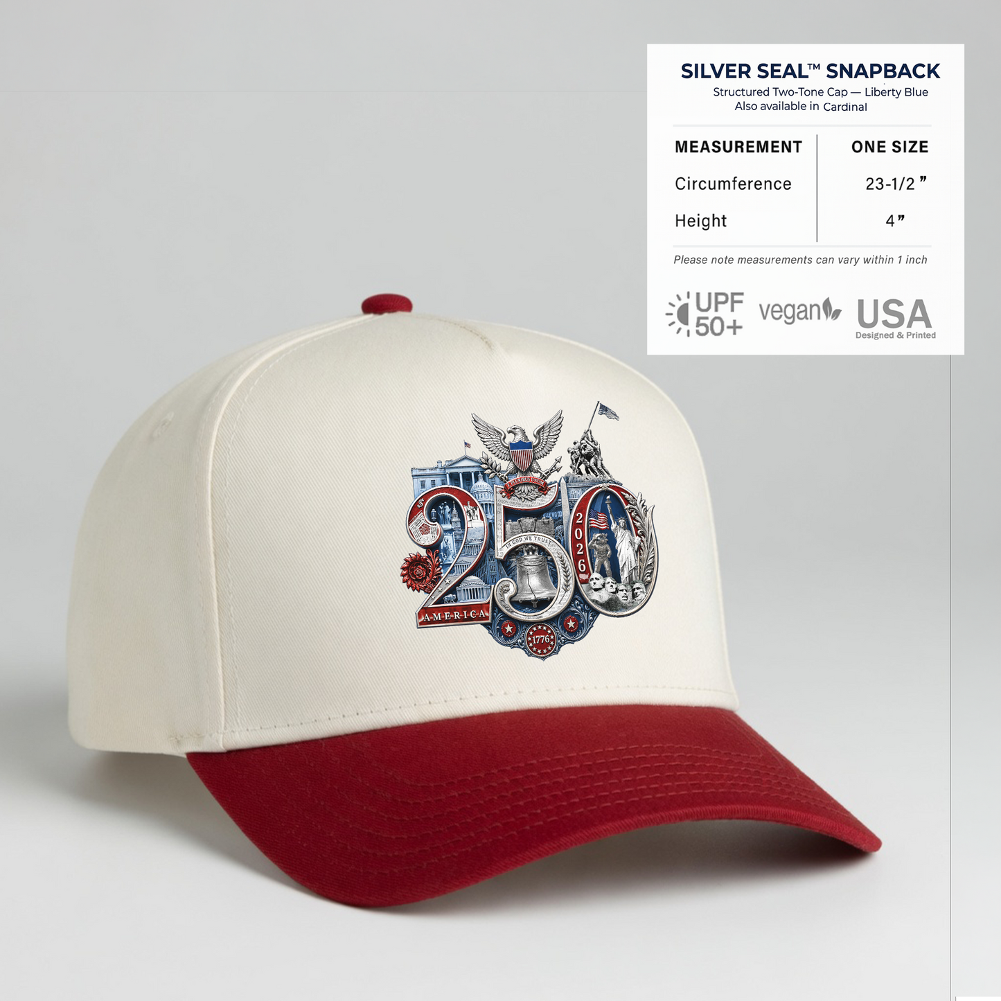 Cardinal Red America 250th Silver Seal Hat one-size fit chart showing adjustable snapback construction