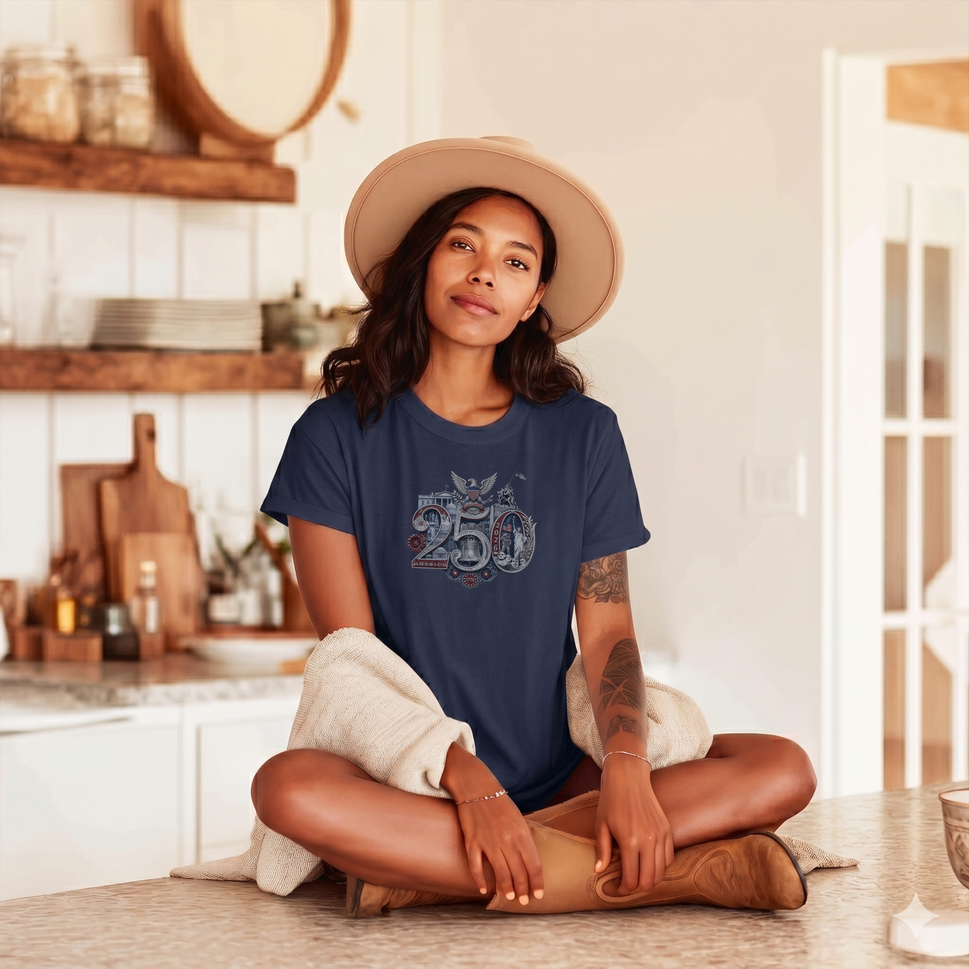Navy America 250th T-Shirt — lifestyle shot featuring the 250th Seal™ design