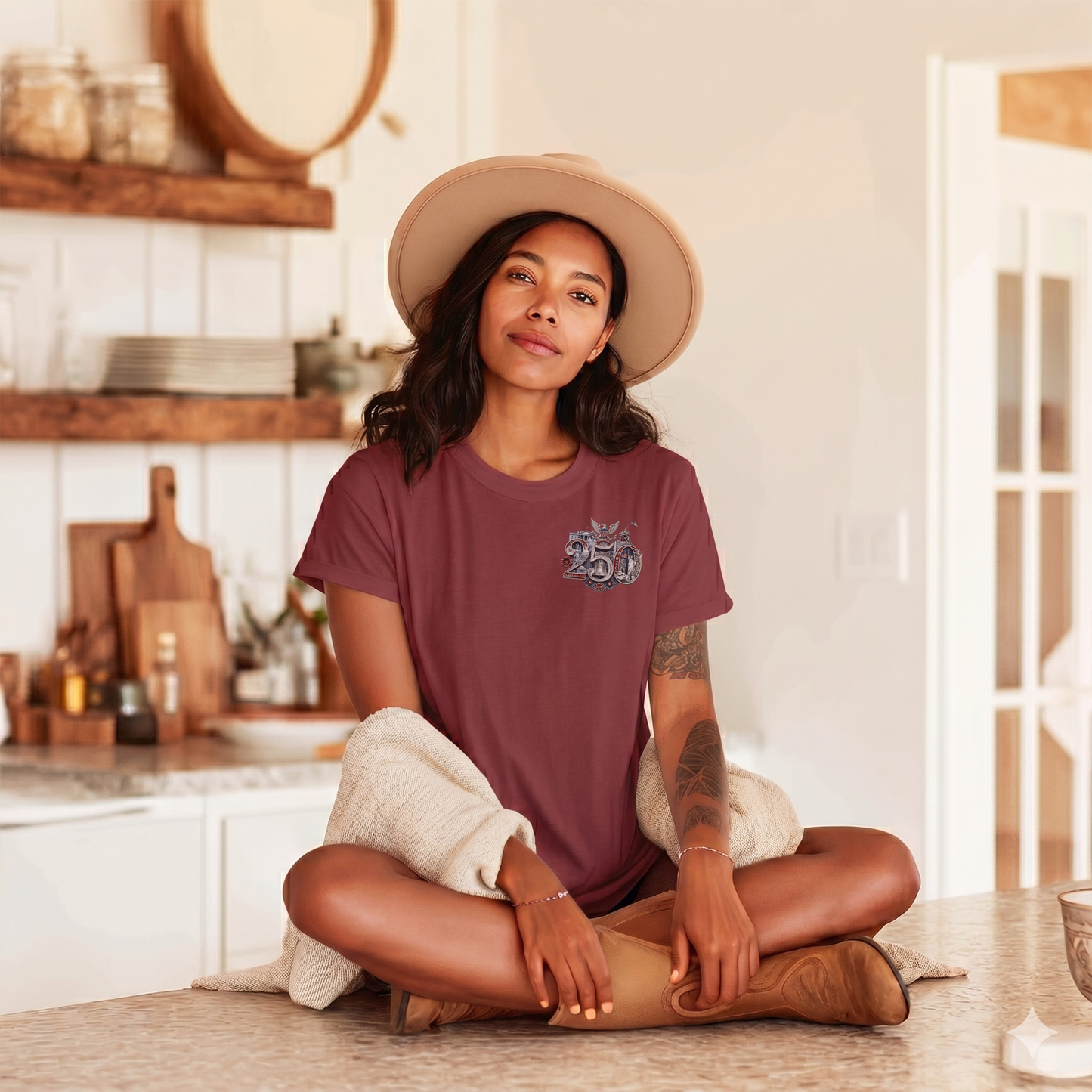 Red America 250th T-Shirt — lifestyle shot featuring the 250th Seal™ design