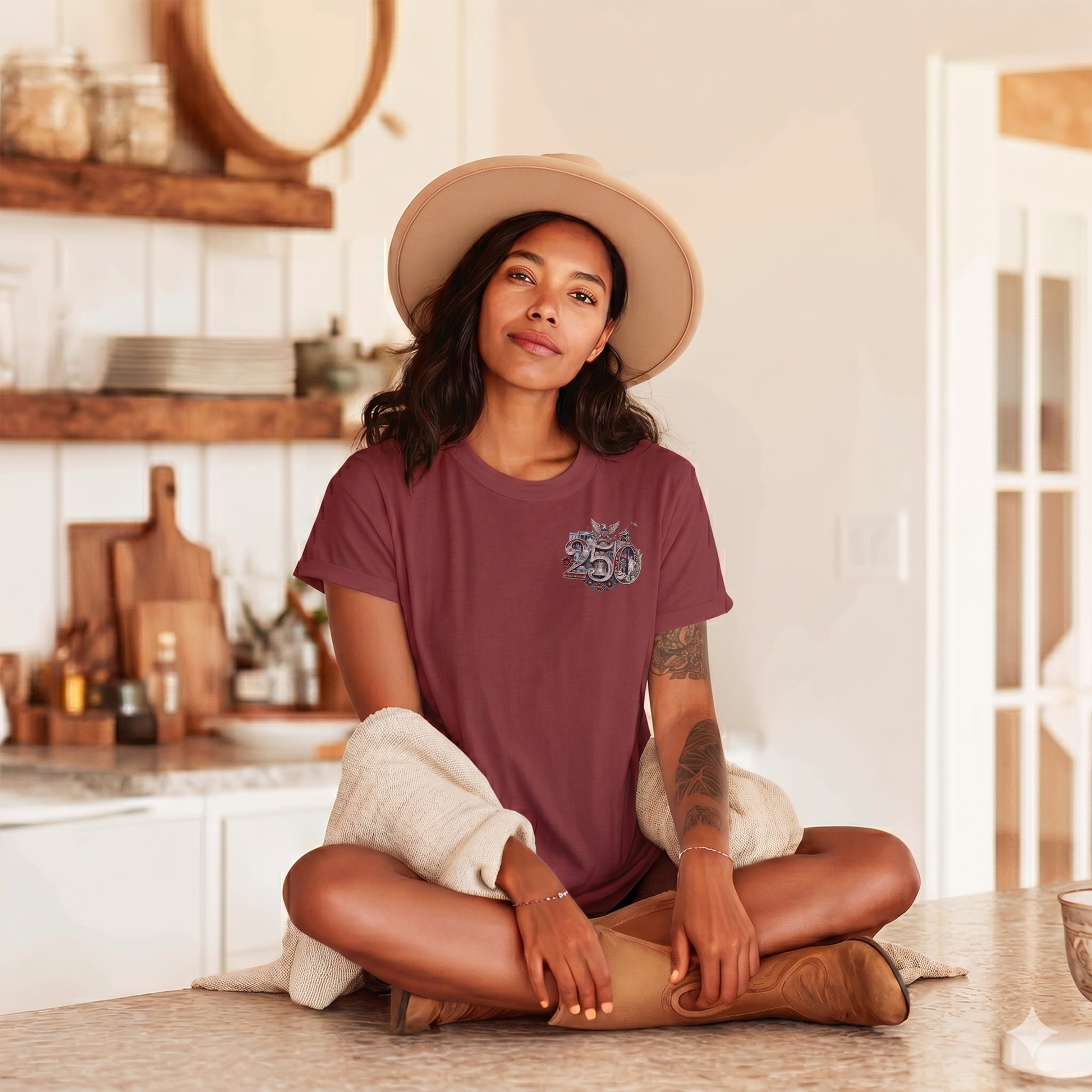 Red America 250th T-Shirt — lifestyle shot featuring the 250th Seal™ design