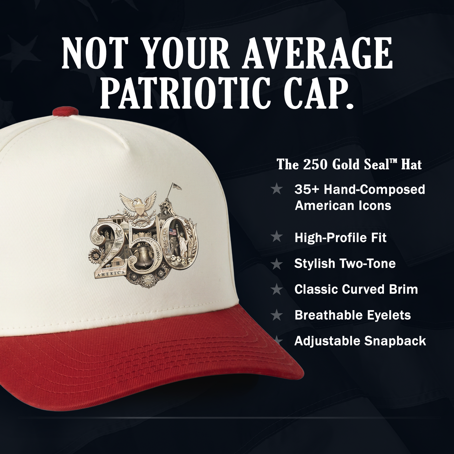 America 250th Anniversary Gold Seal Hat, Patriotic Two-Tone Snapback Cap, USA Semiquincentennial Baseball Cap