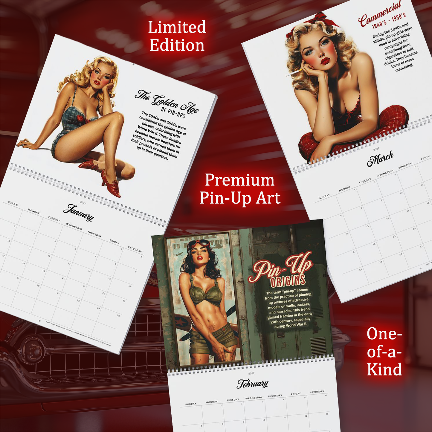 Salute USA 2027 Pin-Up Wall Calendar - Patriotic American Pinup History, Military Aviation Fashion Motorcycle - Image + Writeable Grid