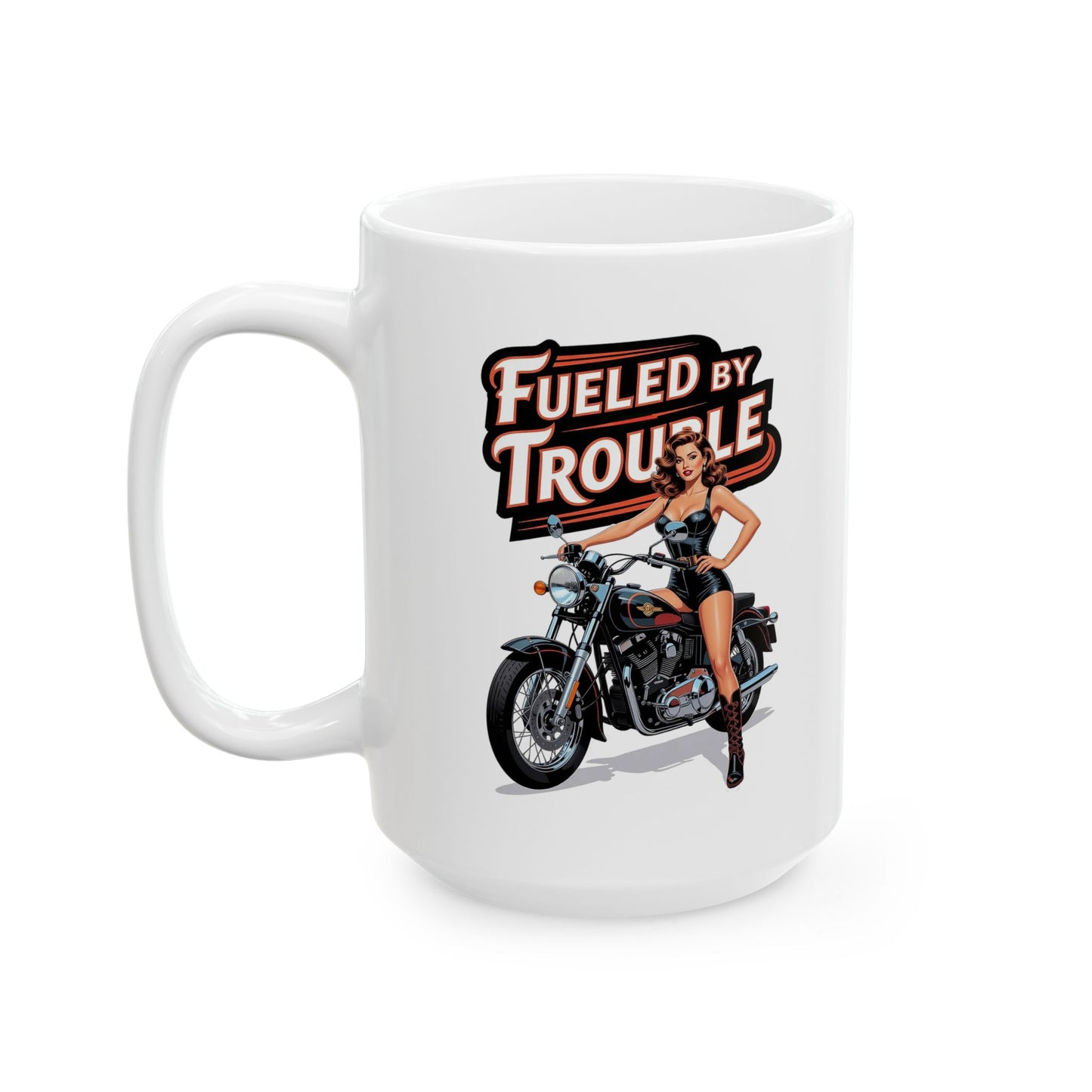 Biker Babe Pinup Ceramic Mug, Fueled By Trouble Motorcycle Gift, Funny Mug, Biker Gift, Motorcycle Lover, Pin-Up Heaven 2026 Limited Edition Collection