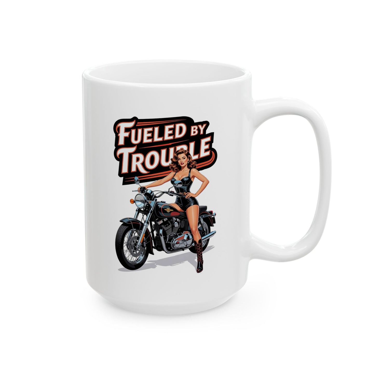 Biker Babe Pinup Ceramic Mug, Fueled By Trouble Motorcycle Gift, Funny Mug, Biker Gift, Motorcycle Lover, Pin-Up Heaven 2026 Limited Edition Collection