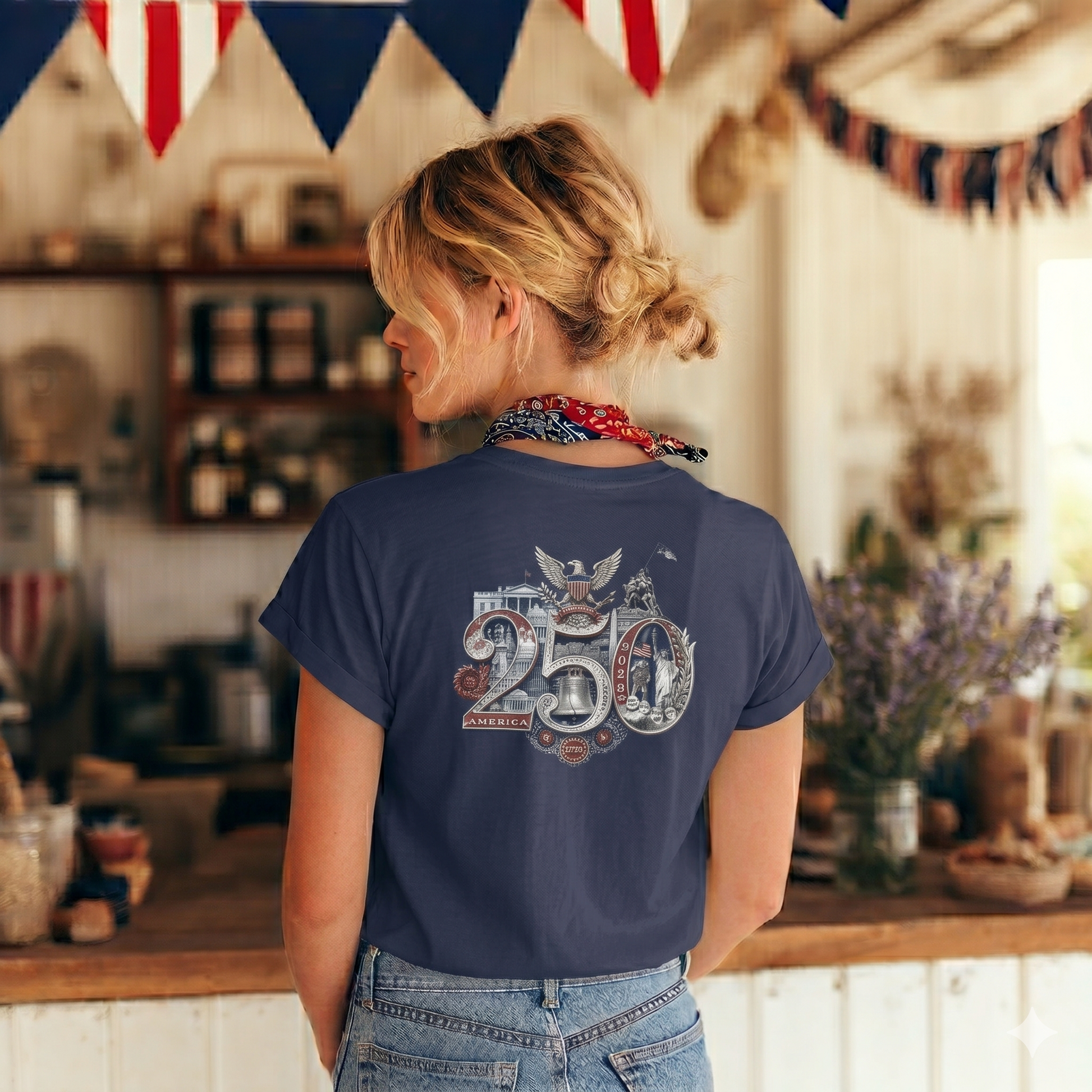Navy America 250th T-Shirt — lifestyle shot featuring the 250th Seal™ design