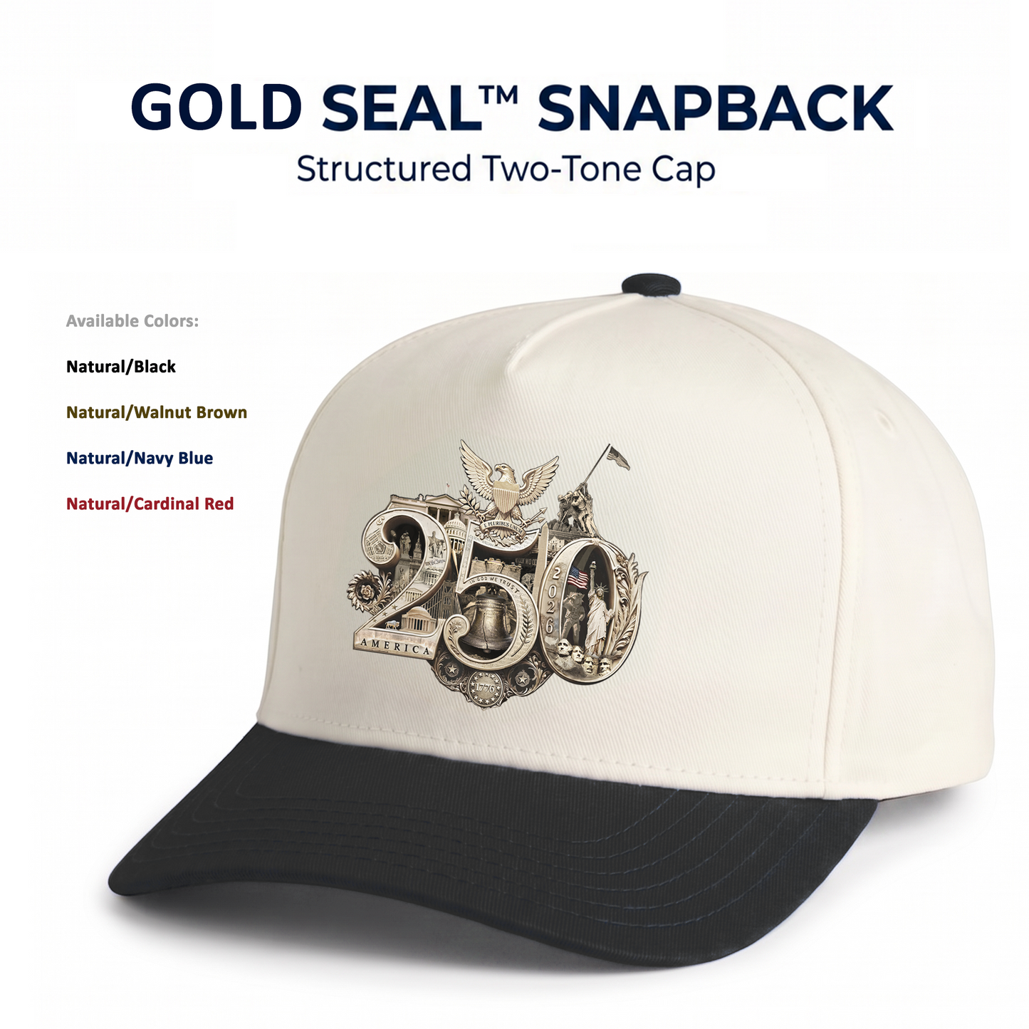 America 250th Anniversary Gold Seal Hat, Patriotic Two-Tone Snapback Cap, USA Semiquincentennial Baseball Cap