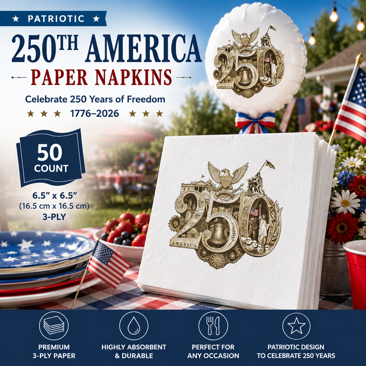 America 250th Napkins featuring the 250th Seal™ commemorative design