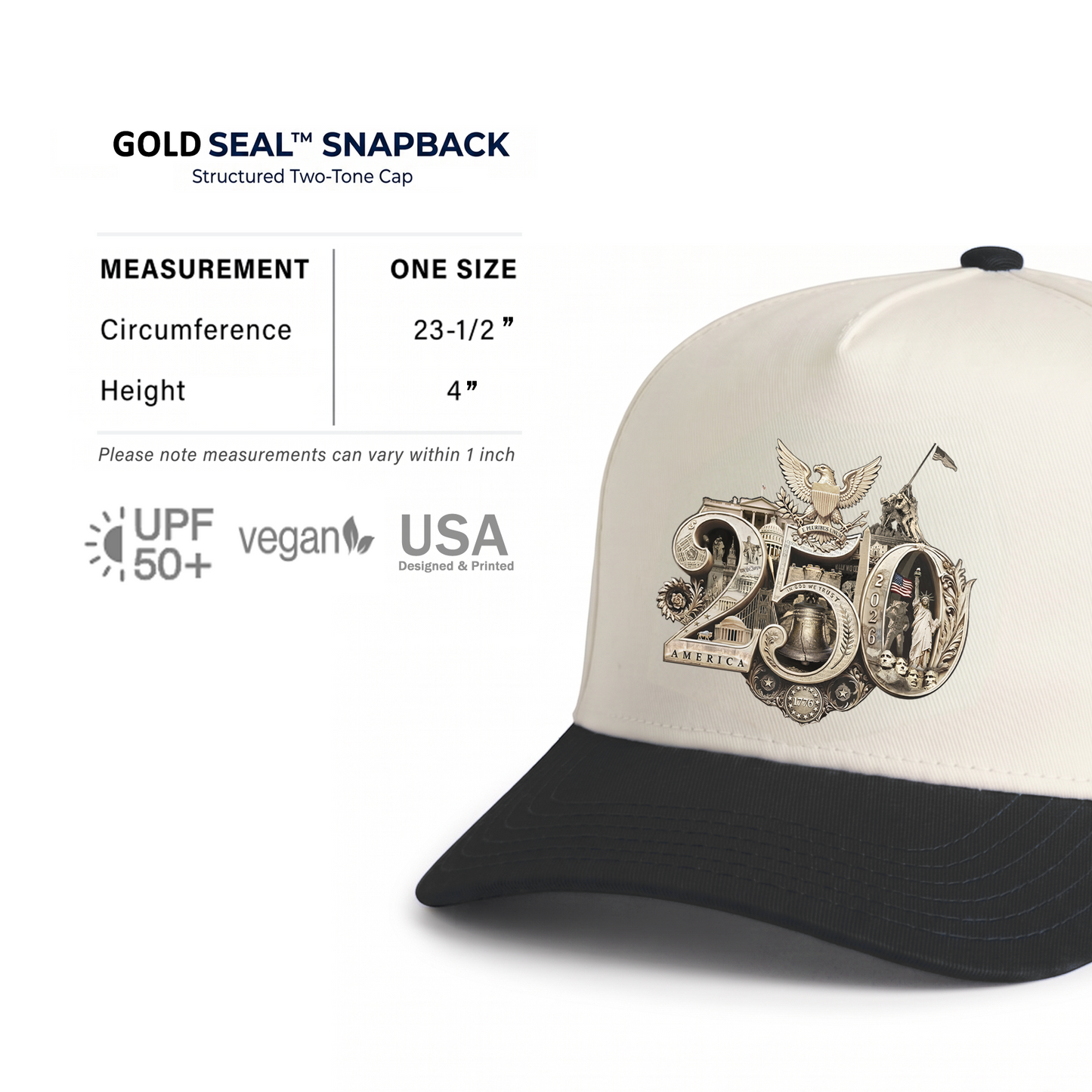 America 250th Anniversary Gold Seal Hat, Patriotic Two-Tone Snapback Cap, USA Semiquincentennial Baseball Cap